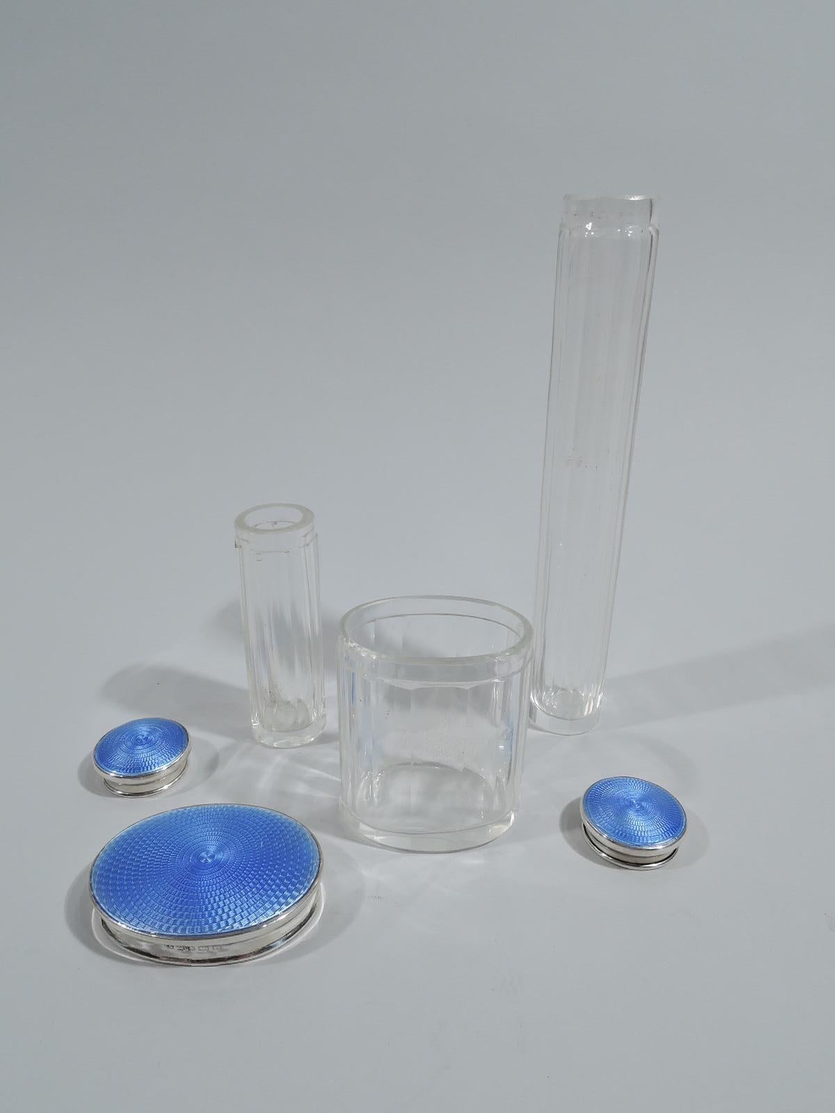 Early 20th Century Set of 3 English Art Deco Sterling Silver & Blue Enamel Vanity Jars