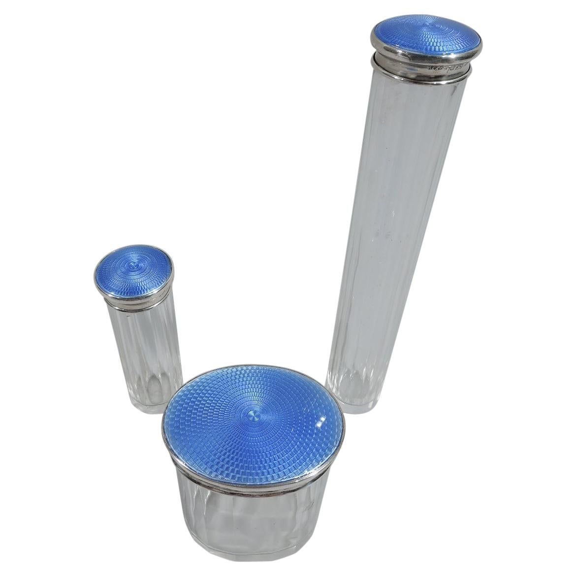 Set of 3 English Art Deco Sterling Silver & Blue Enamel Vanity Jars