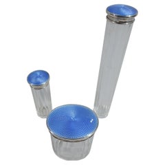 Set of 3 English Art Deco Sterling Silver & Blue Enamel Vanity Jars