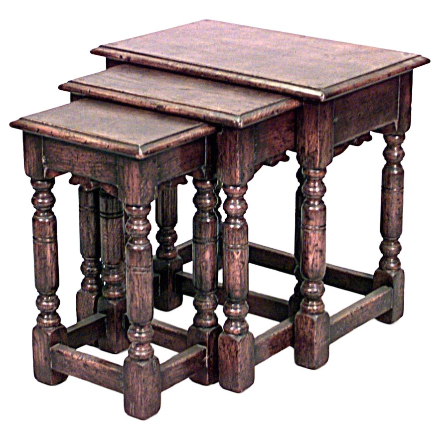 Set of 3 English Renaissance Style Oak Nest of Tables