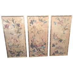 Set of 3 English Silk Embroideries in Gilt Frame