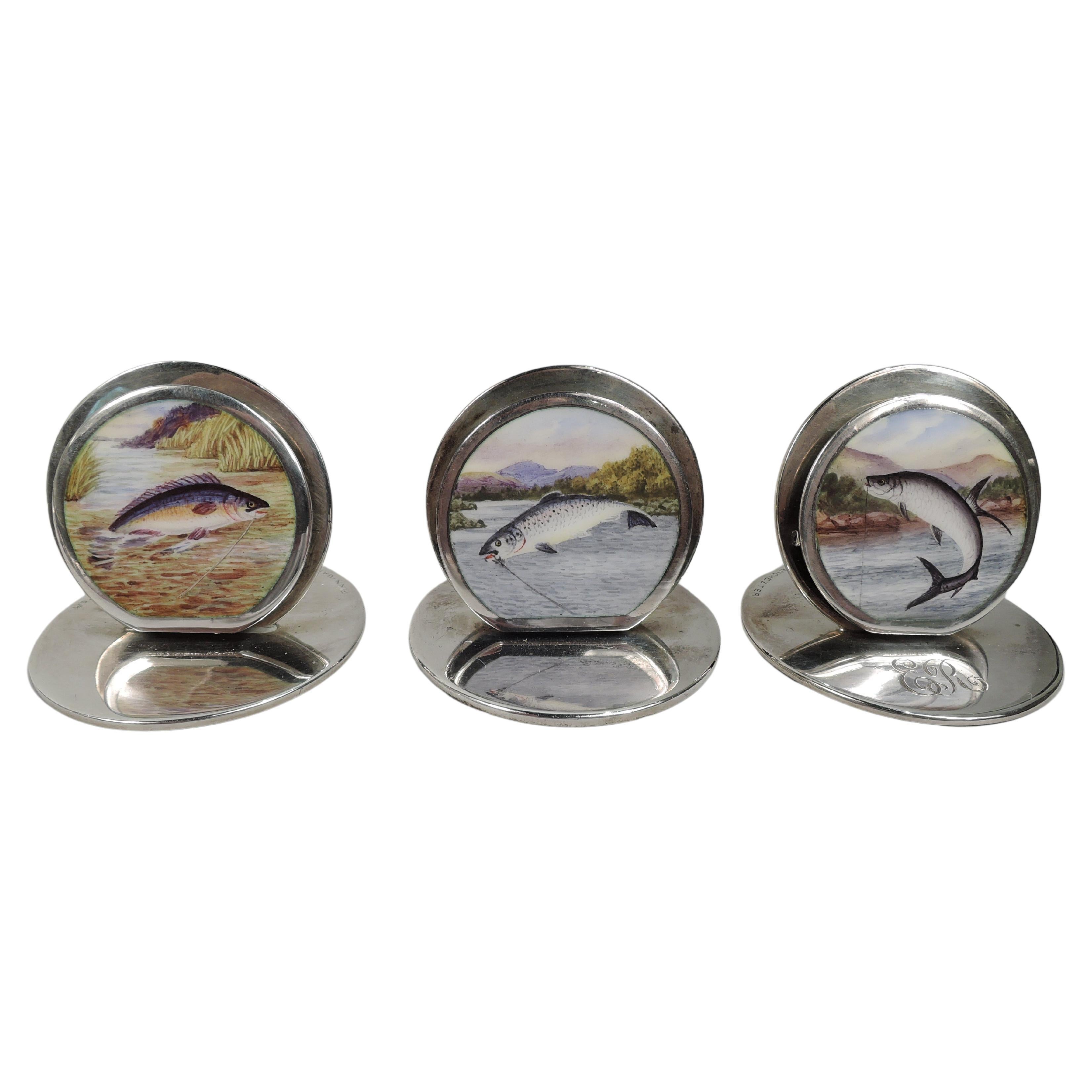 Set of 3 English Sterling Silver & Enamel Fish Place Card Holders For Sale