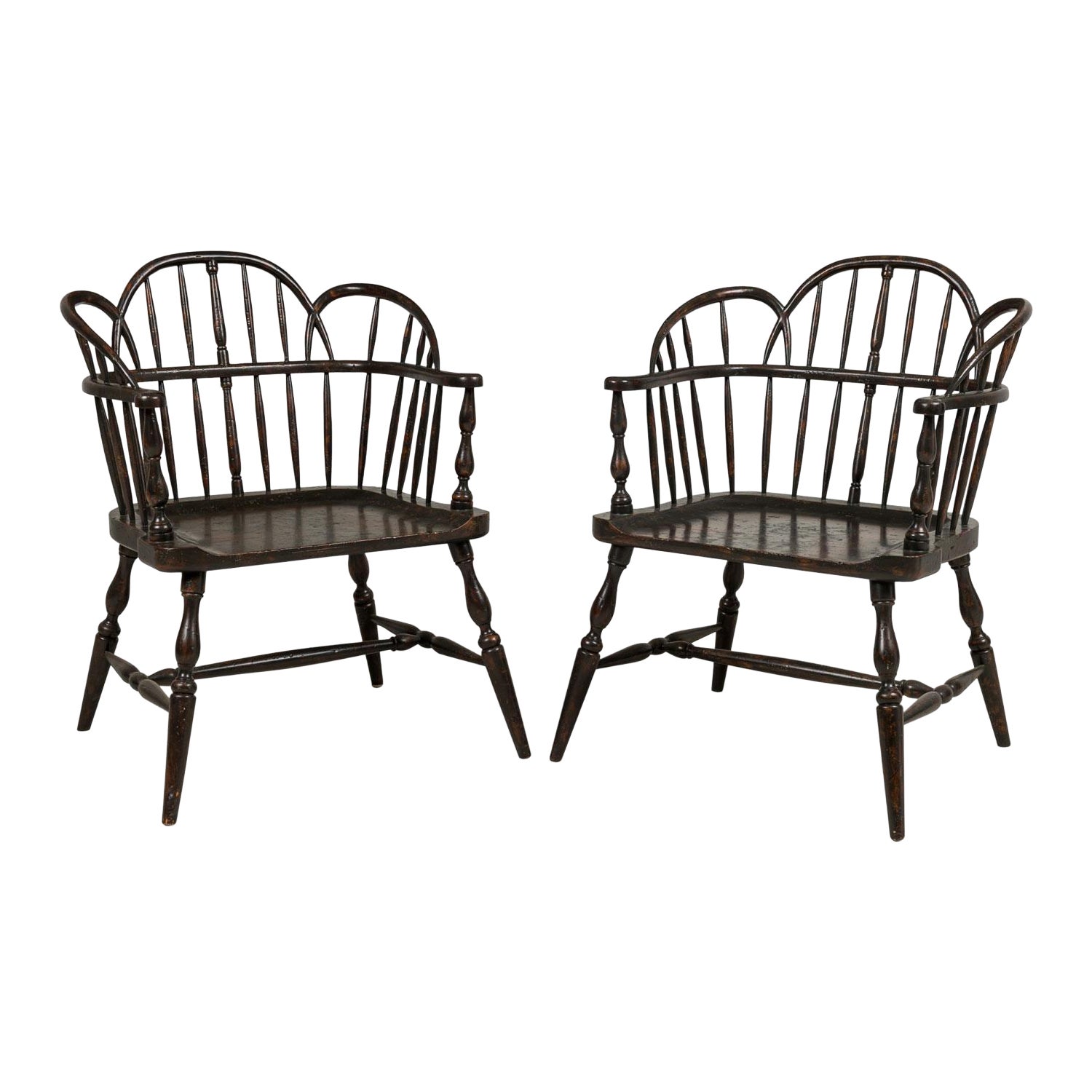 Set of 3 English Windsor Style Black Armchairs