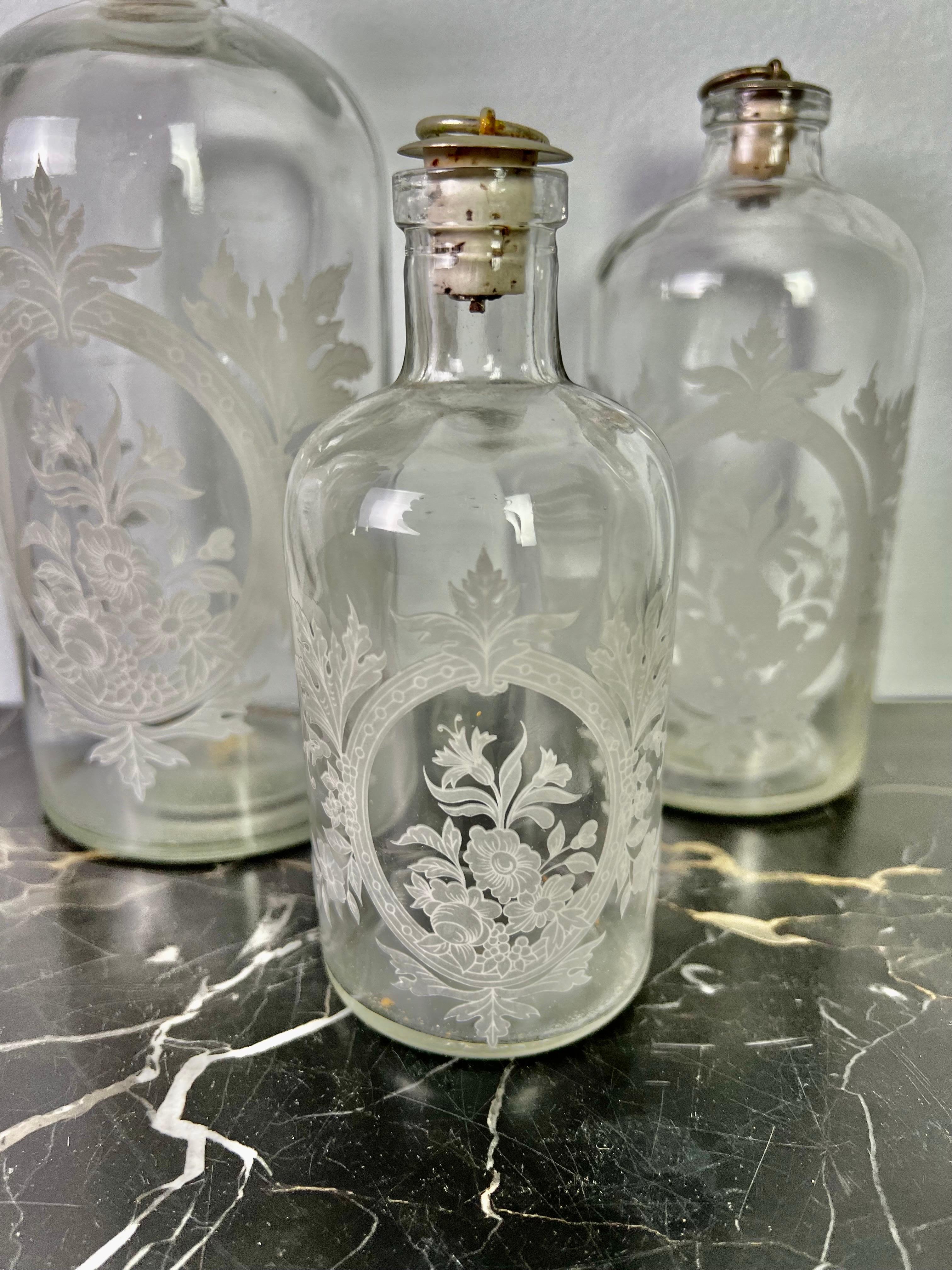 Unknown Set of '3' Etched Vanity Bottles-20th Century