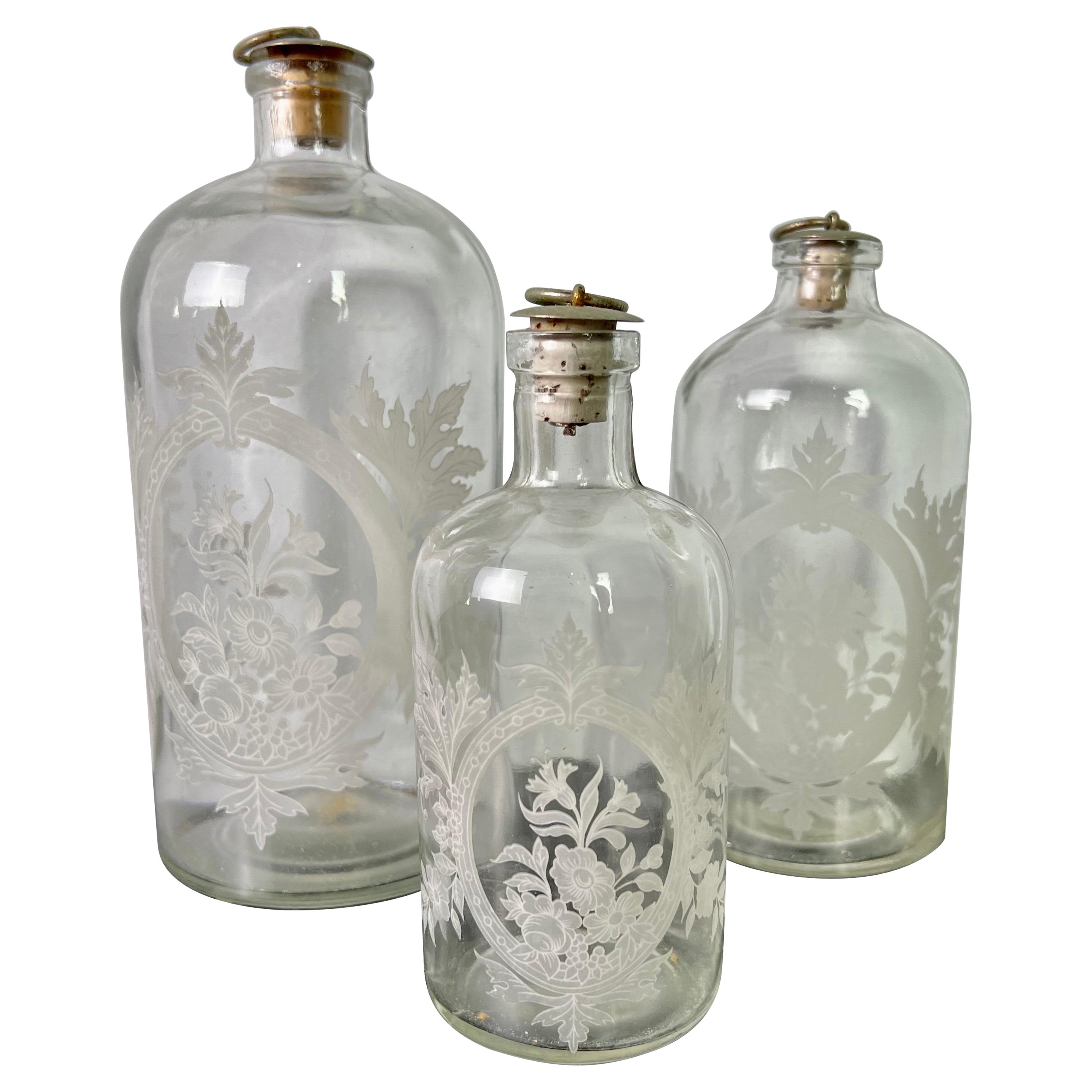Set of 
3
 Etched Vanity Bottles-20th Century