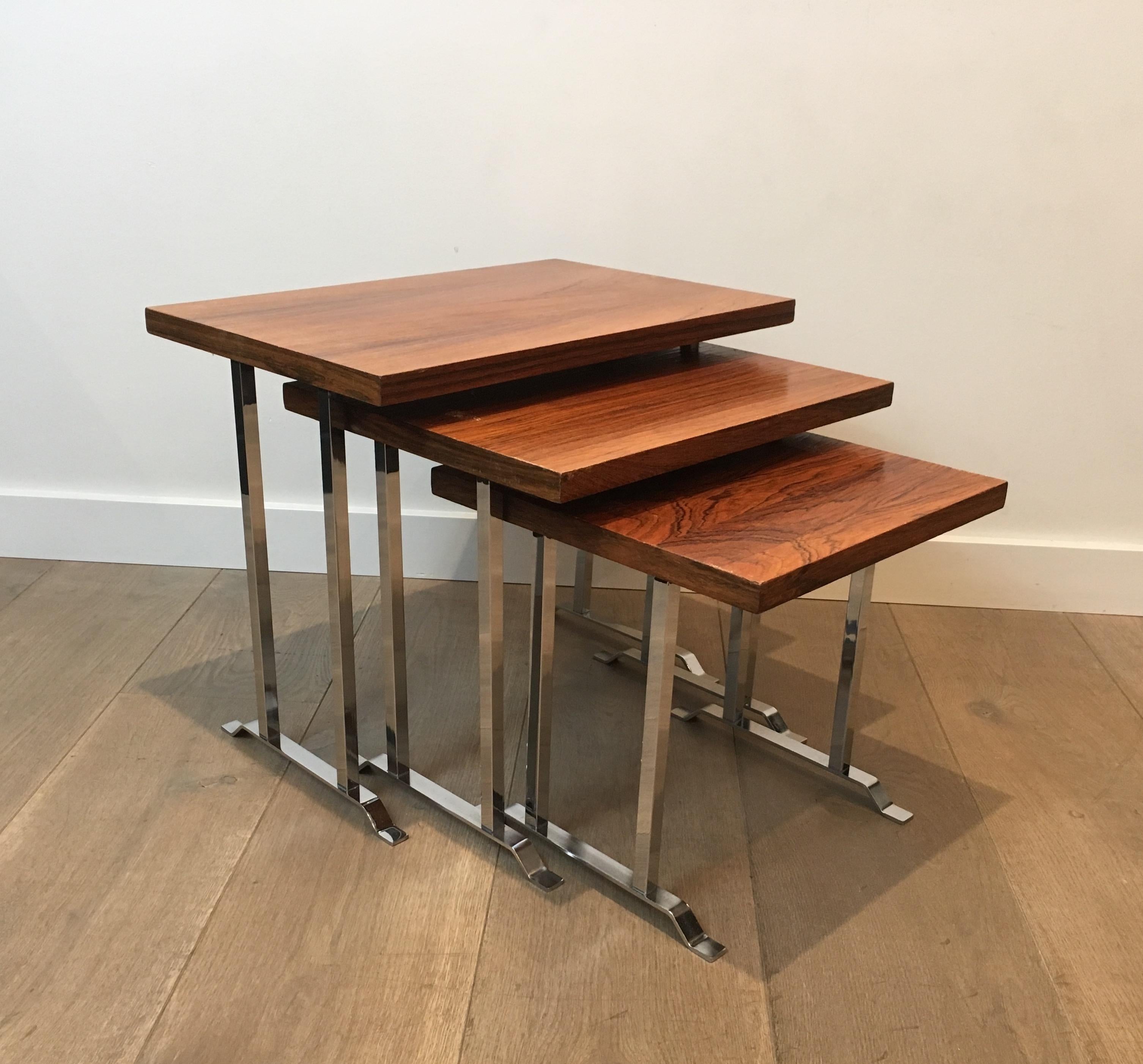 Set of 3 Exotic Wood and Chrome Nesting Tables, French, circa 1970 For Sale 5