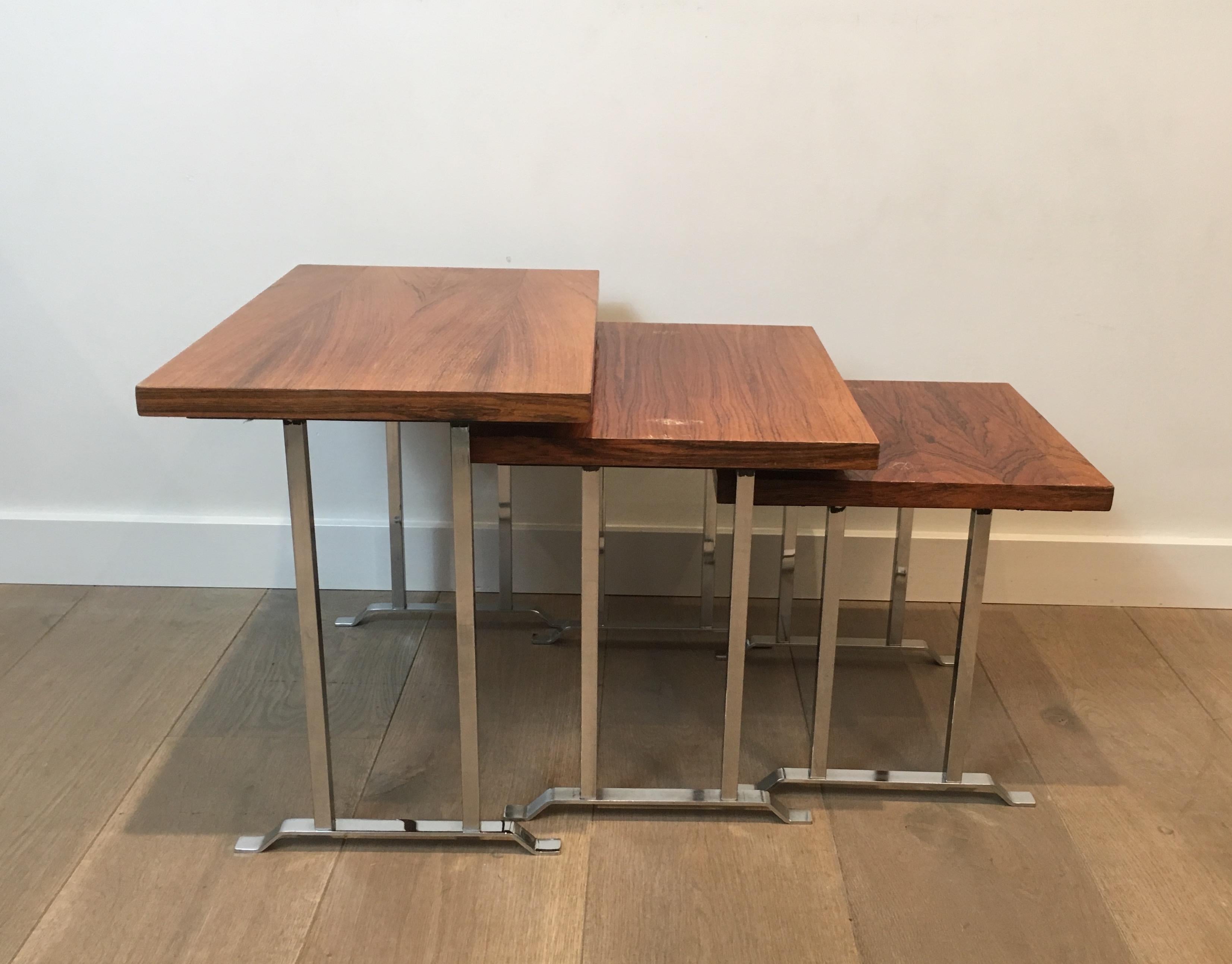 Set of 3 Exotic Wood and Chrome Nesting Tables, French, circa 1970 For Sale 6