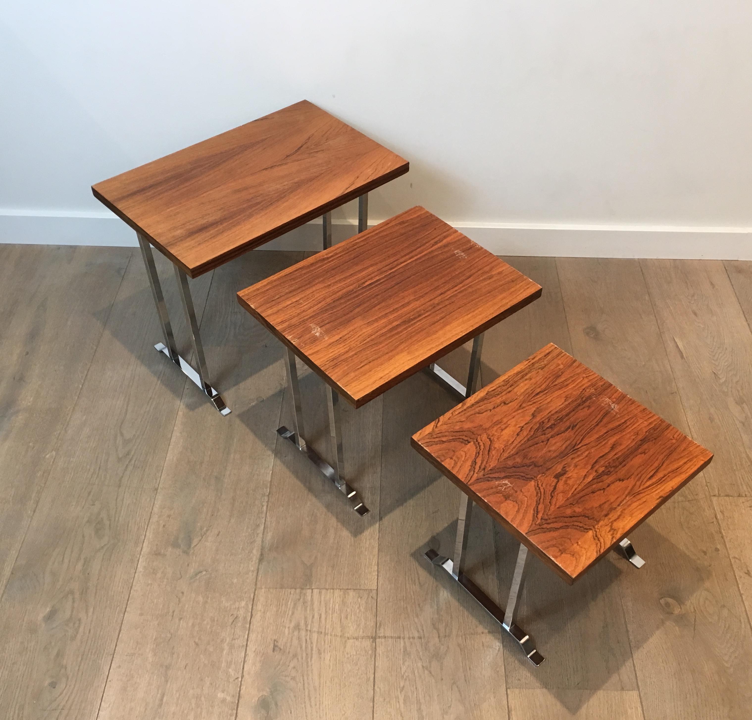Set of 3 Exotic Wood and Chrome Nesting Tables, French, circa 1970 For Sale 7