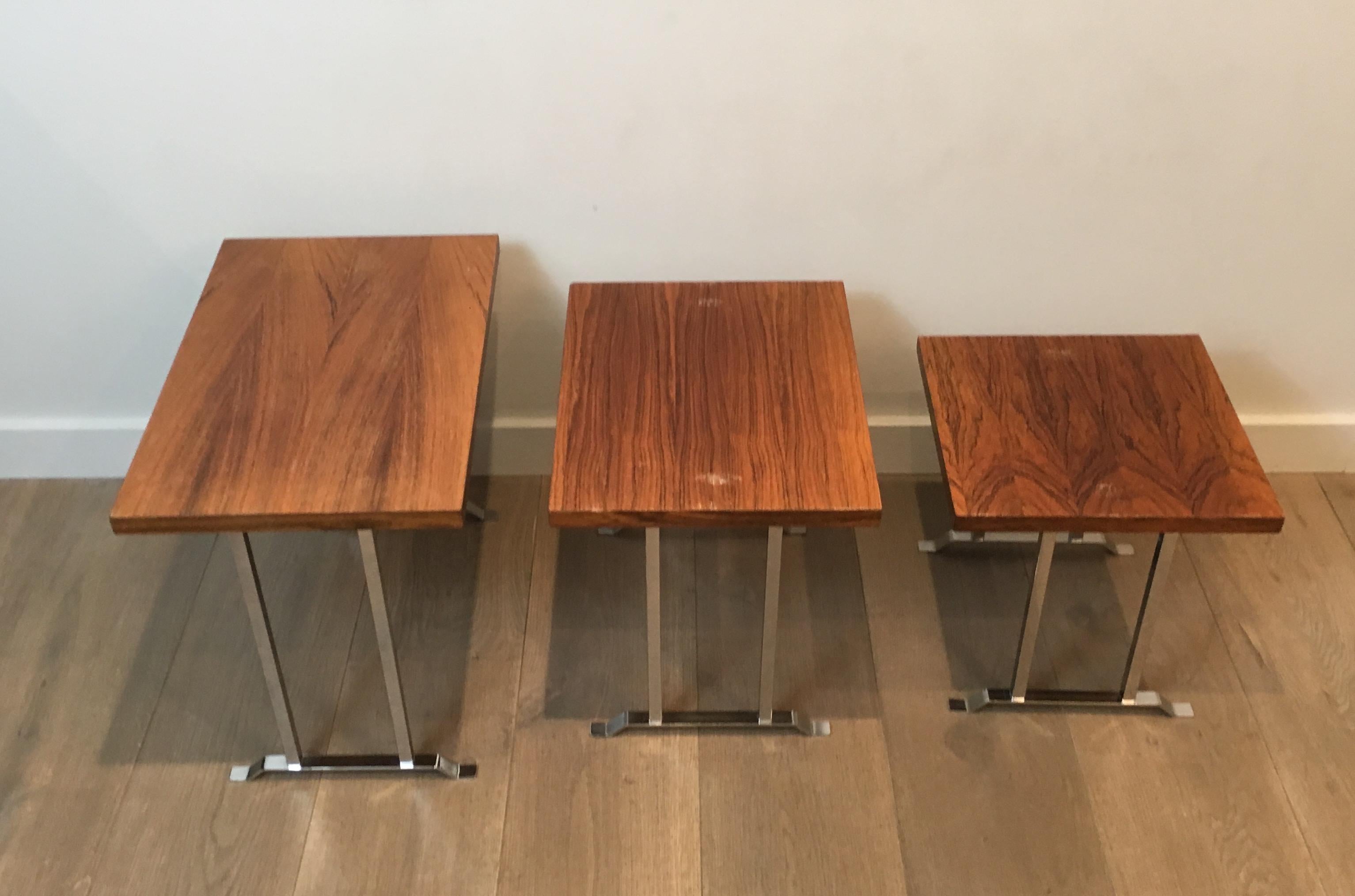 Set of 3 Exotic Wood and Chrome Nesting Tables, French, circa 1970 For Sale 8