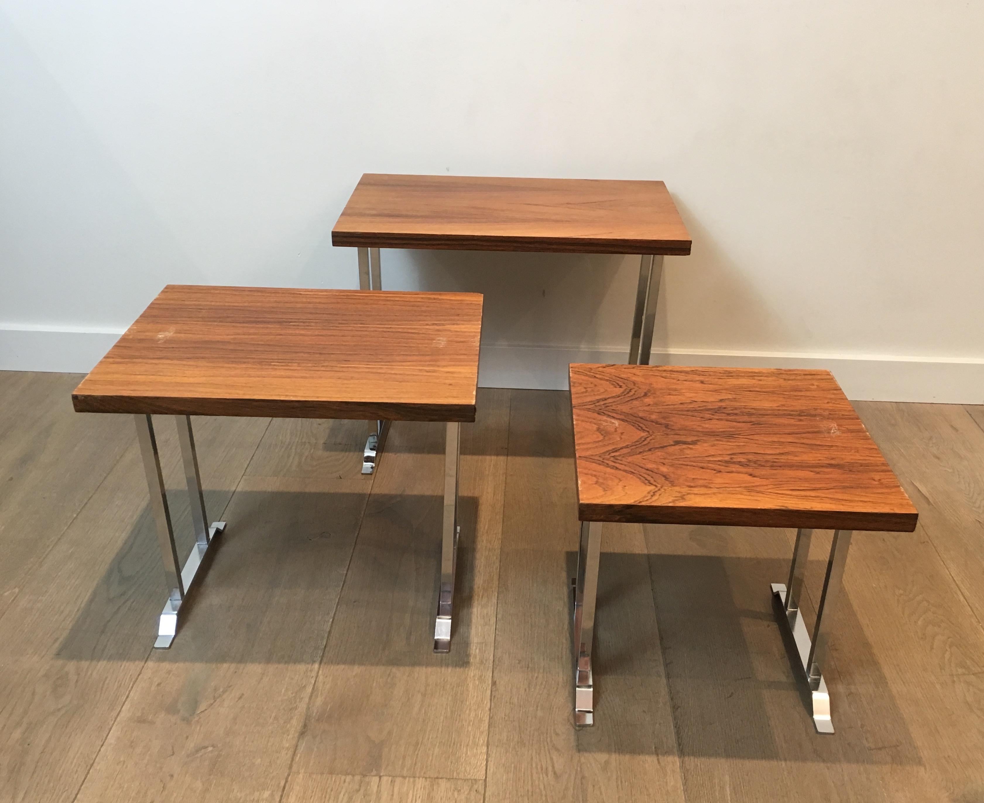 Set of 3 Exotic Wood and Chrome Nesting Tables, French, circa 1970 For Sale 10