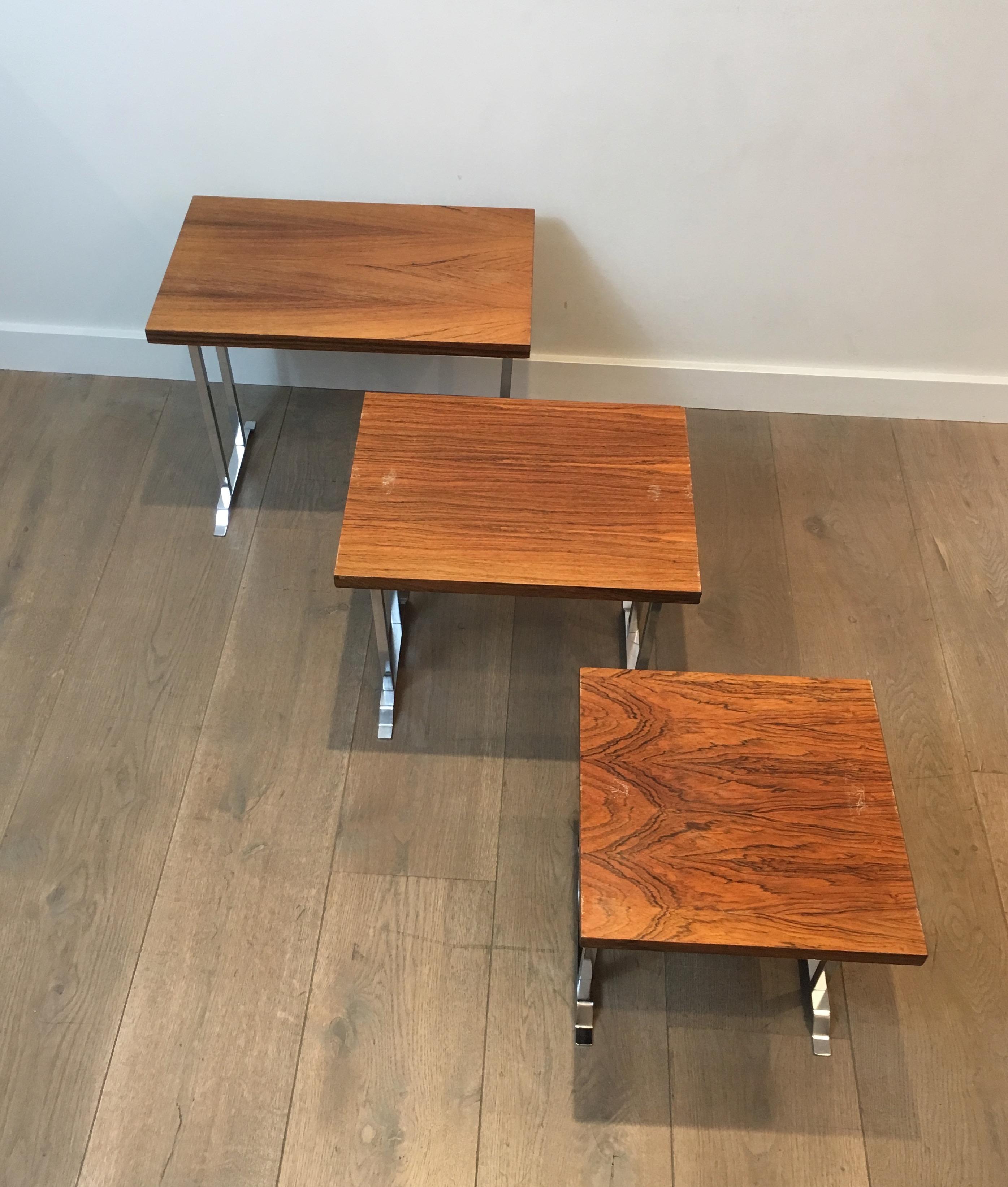Set of 3 Exotic Wood and Chrome Nesting Tables, French, circa 1970 For Sale 11