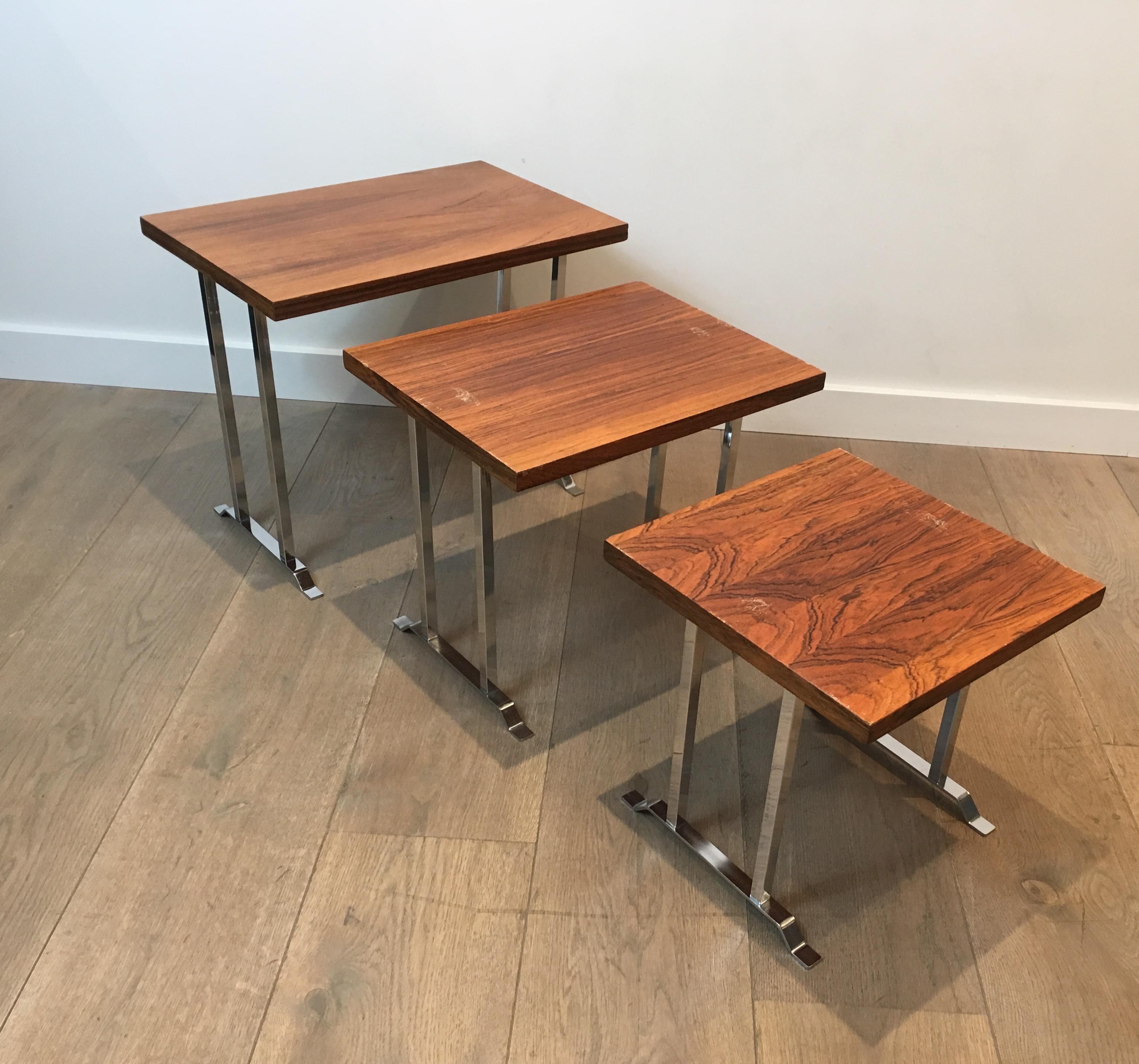 Set of 3 Exotic Wood and Chrome Nesting Tables, French, circa 1970 For Sale 12