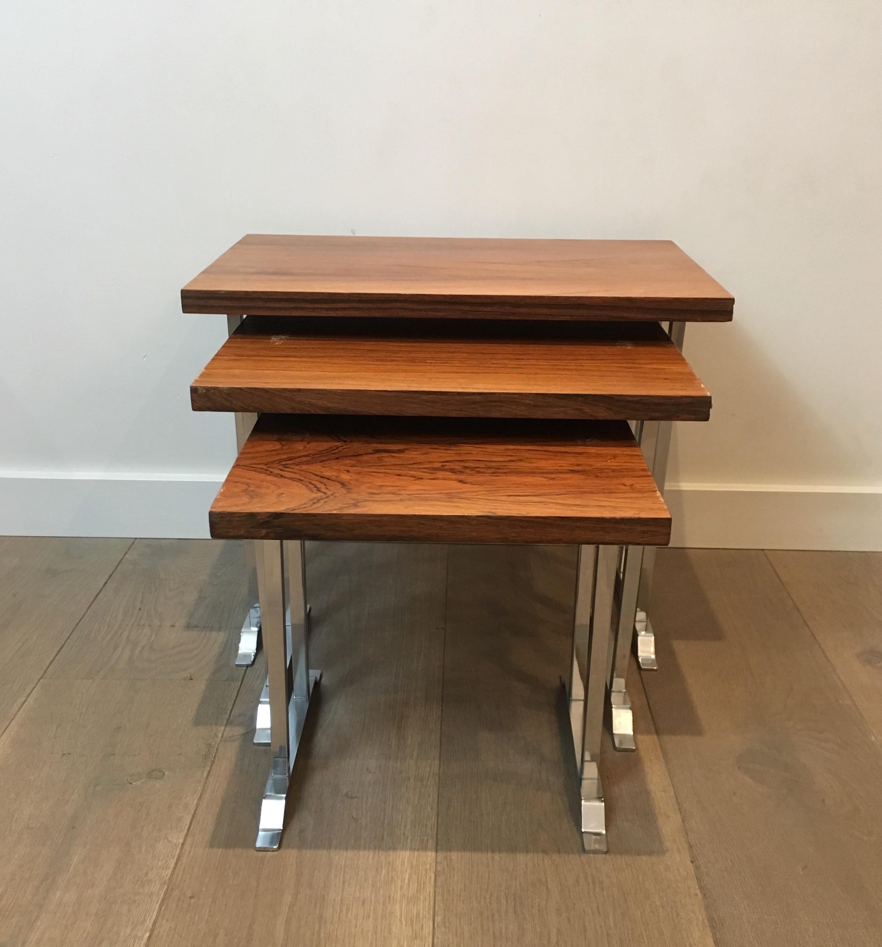 Set of 3 Exotic Wood and Chrome Nesting Tables, French, circa 1970 For Sale 14