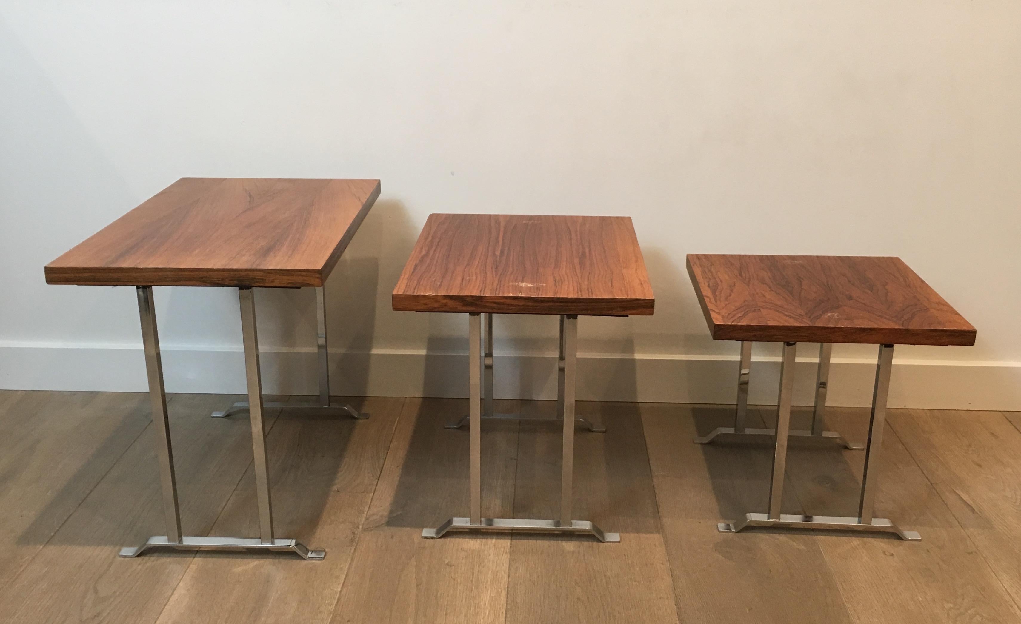 Set of 3 Exotic Wood and Chrome Nesting Tables, French, circa 1970 For Sale 15