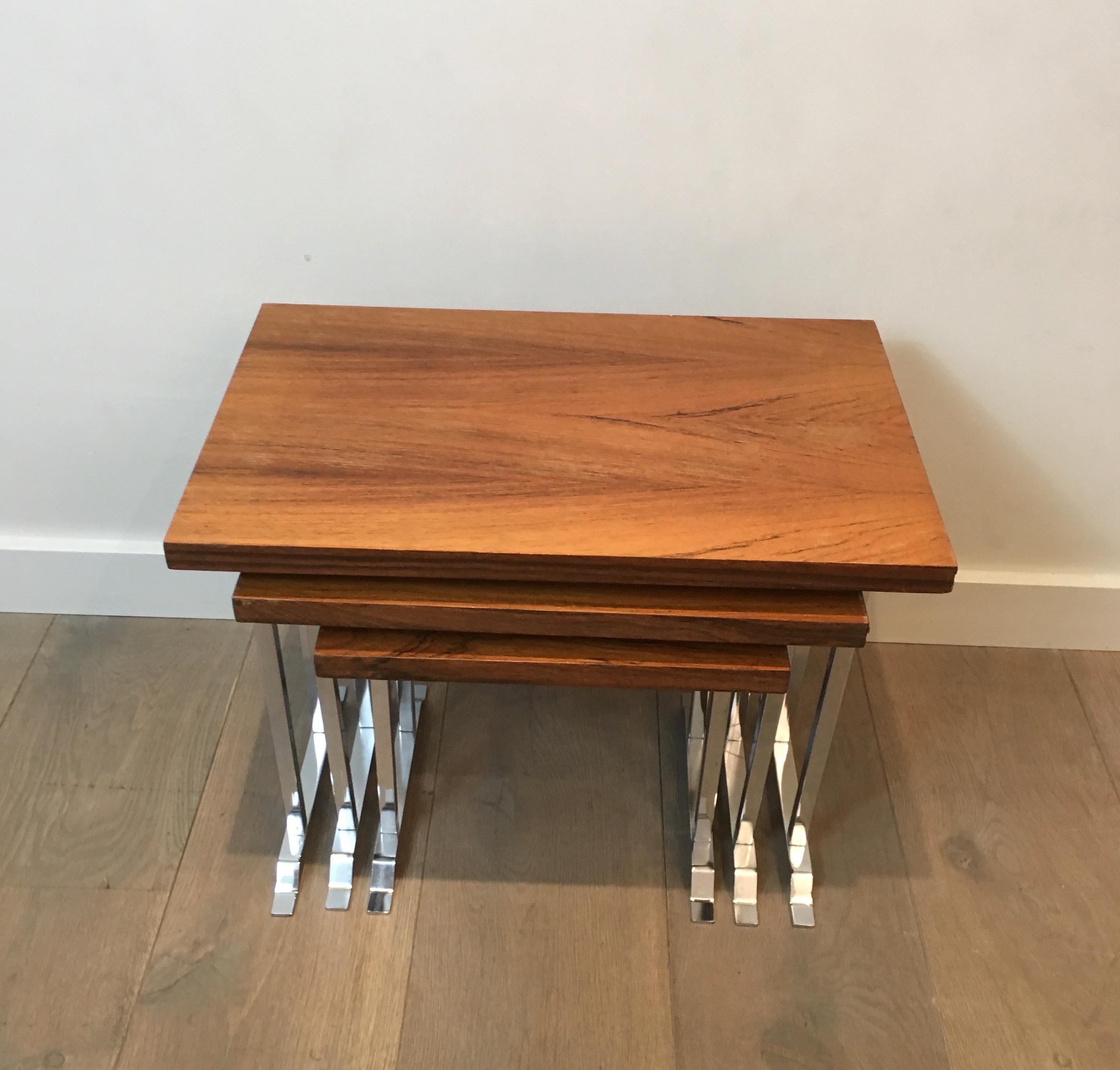 Set of 3 Exotic Wood and Chrome Nesting Tables, French, circa 1970 In Good Condition For Sale In Marcq-en-Barœul, Hauts-de-France
