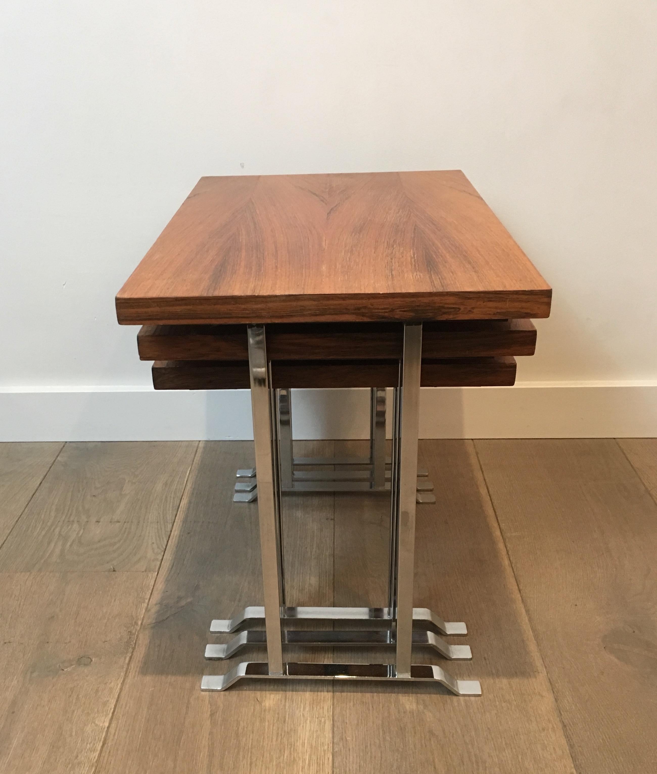 Late 20th Century Set of 3 Exotic Wood and Chrome Nesting Tables, French, circa 1970 For Sale