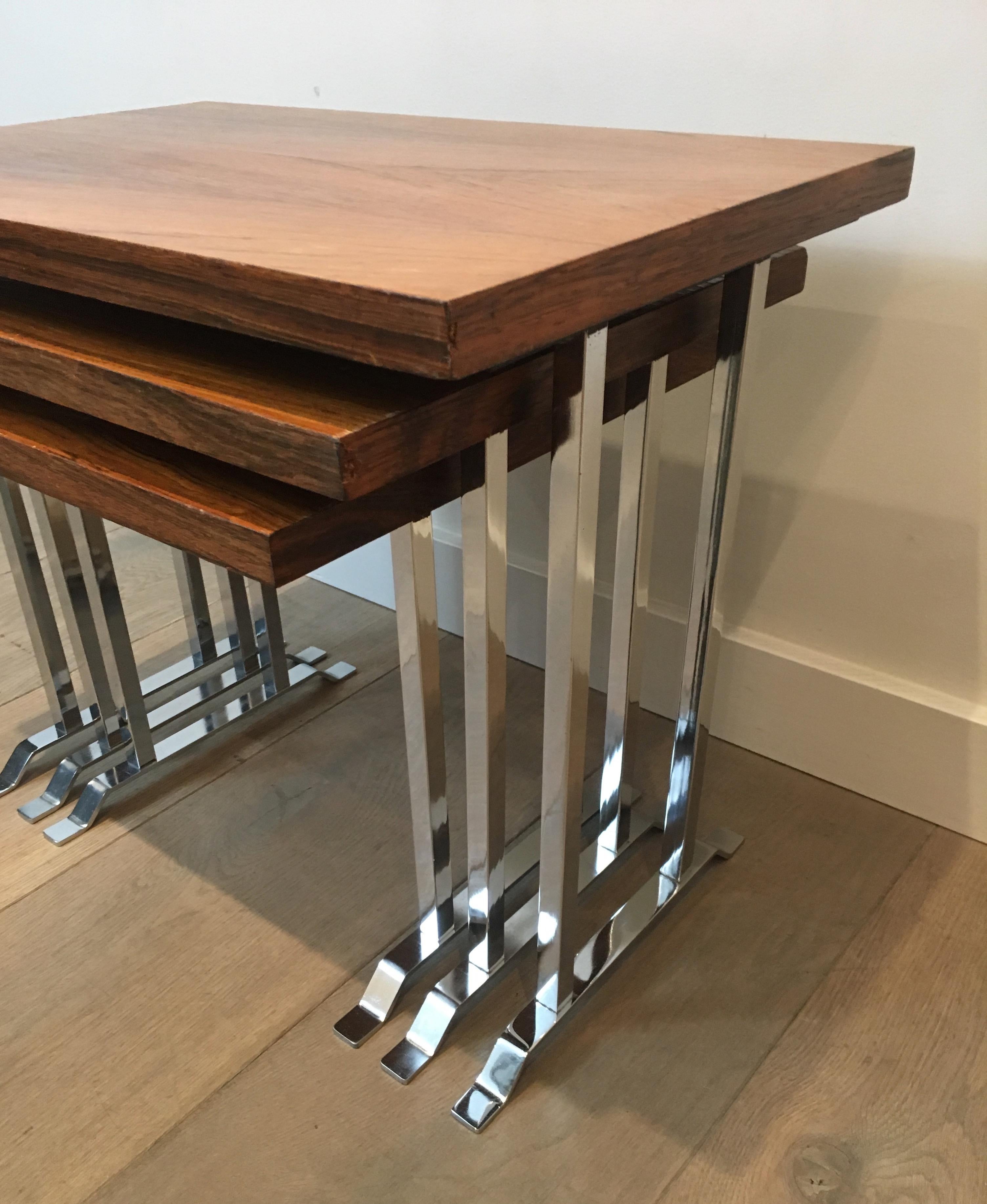 Set of 3 Exotic Wood and Chrome Nesting Tables, French, circa 1970 For Sale 2