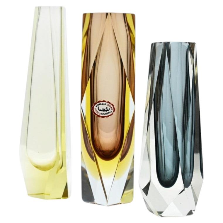 Set of 3 Faceted Sommerso Glass Vases, Mandruzzato, Murano, Italy, 1970