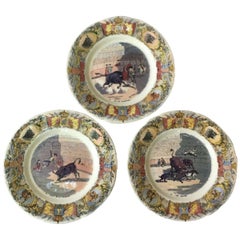 Set of 3 Faience Plates Bullfighting Sarreguemines, circa 1880