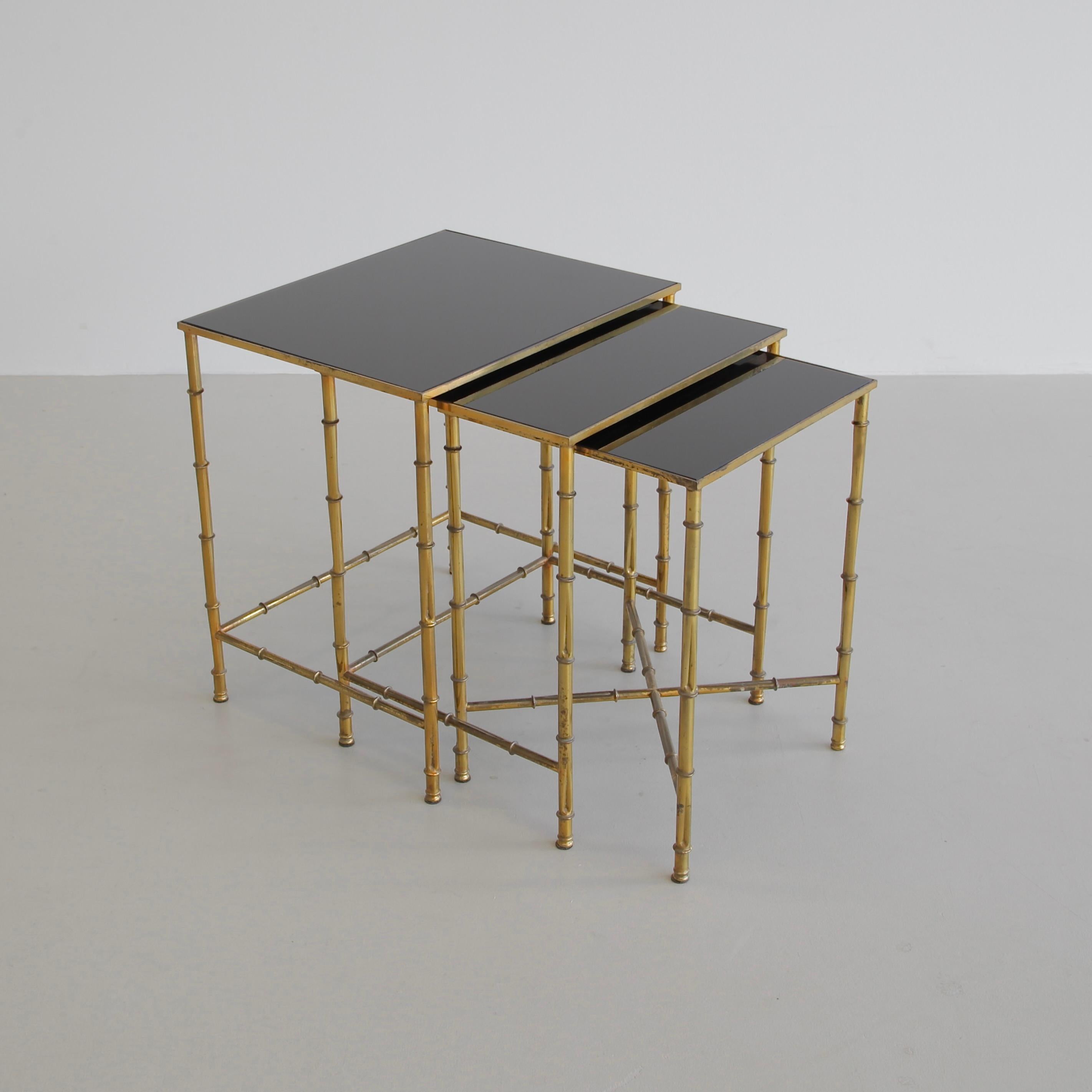 Brass Set of 3 Faux Bamboo Side Tables, France, 1960s