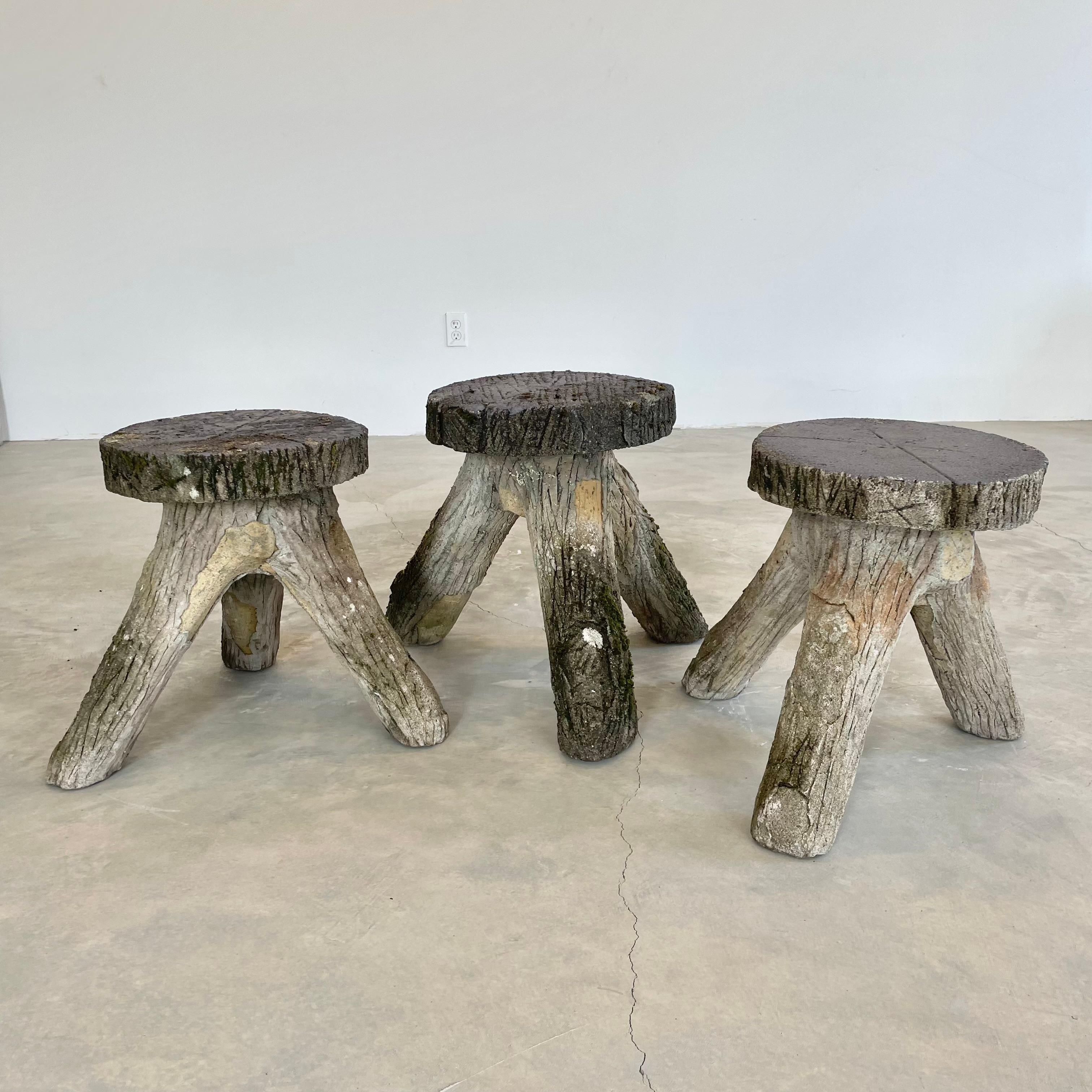 Set of 3 Faux Bois Concrete Tripod Stools, 1970s France In Good Condition In Los Angeles, CA