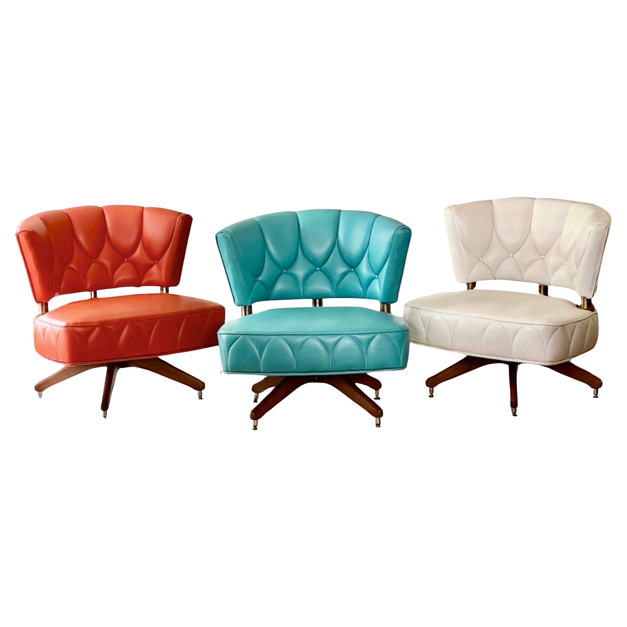 Set of 3 Faux Leather Swivel Lounge Chairs Attributed to Kroehler For Sale