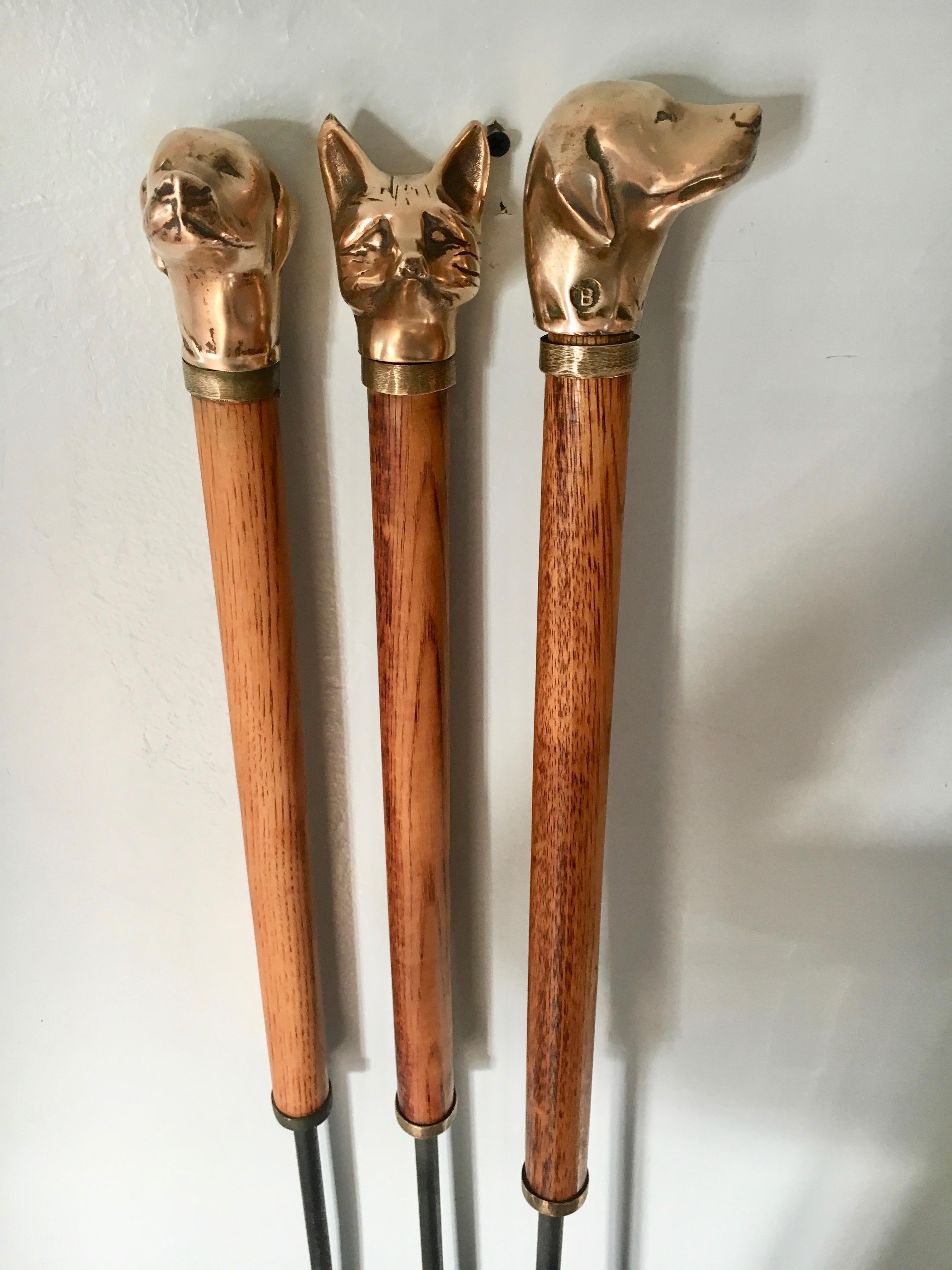 Set of 3 Fireplace Tools with Bronze Dog and Fox Carved Heads 5