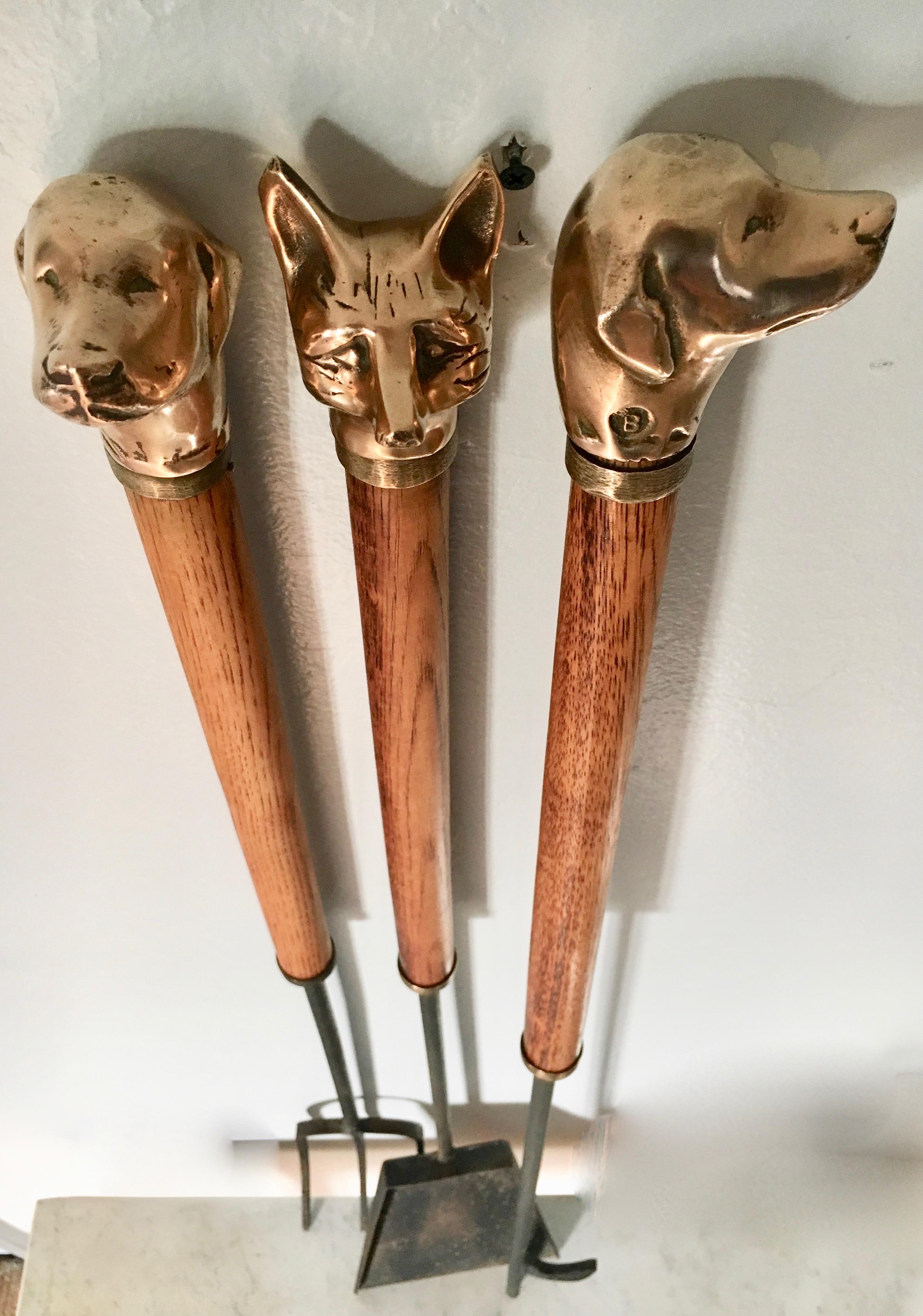 Set of 3 Fireplace Tools with Bronze Dog and Fox Carved Heads 6