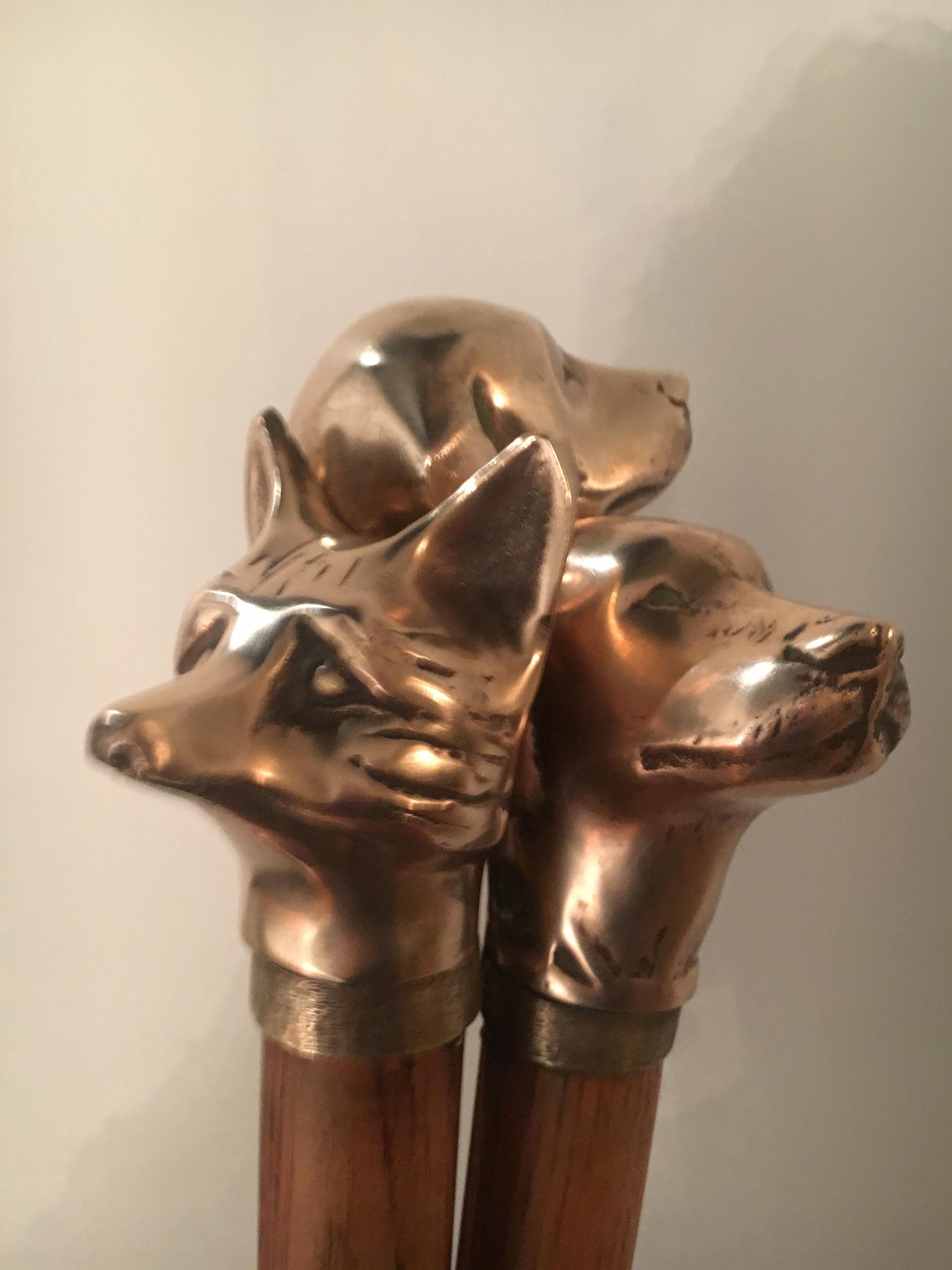 Brass Set of 3 Fireplace Tools with Bronze Dog and Fox Carved Heads