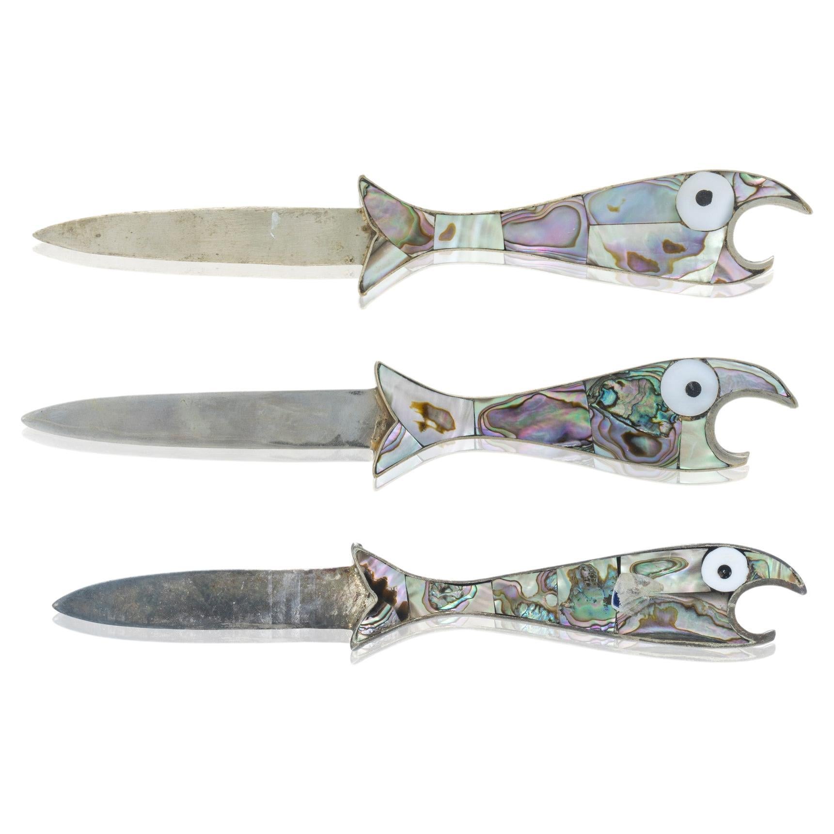 Set of 3 Fish Bottle Openers with Abalone Shell and Alpaca Silver For Sale