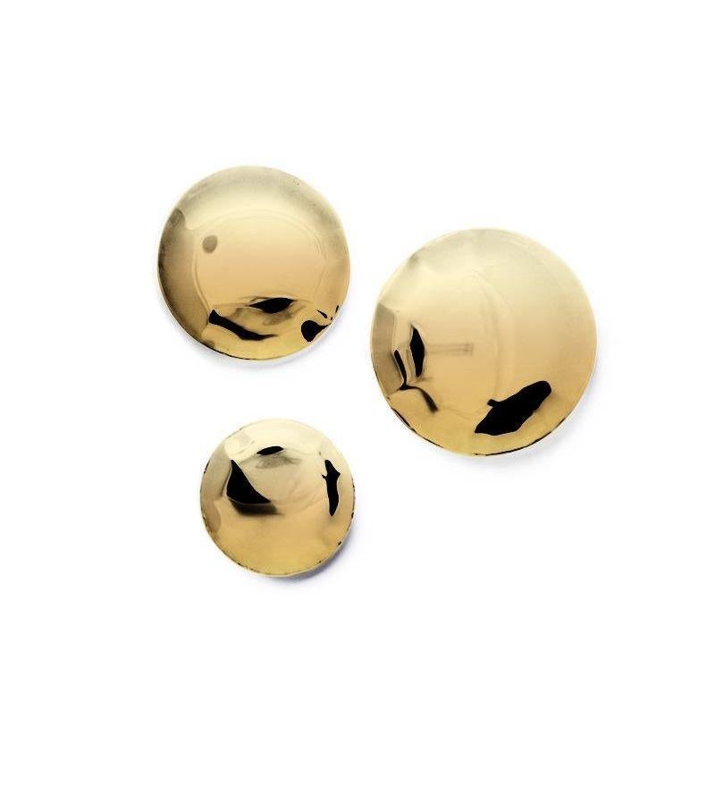 Set of 3 Flamed Gold Pin wall decor by Zieta
Dimensions: Diameter 10, 12, 14 cm 
Material: Stainless steel. 
Finish: Thermal colored.
Available in Cosmic Blue. Available Powder-Coated in colors: Beige Grey, Graphite, Grey Blue, Stainless Steel, Moss