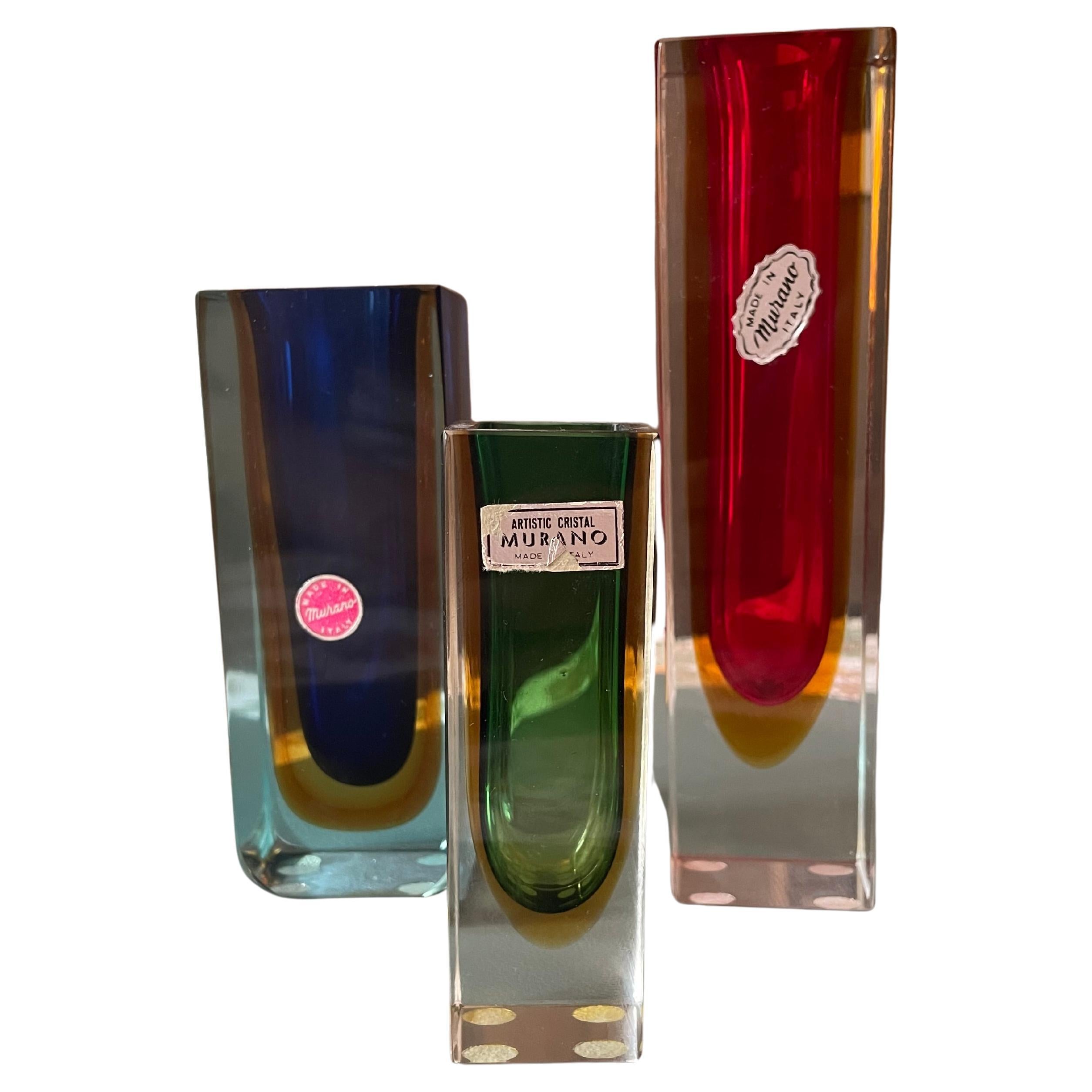 Set of 3 Flavio Poli Murano Sommerso Glass Vases for Seguso, Italy, 1950s