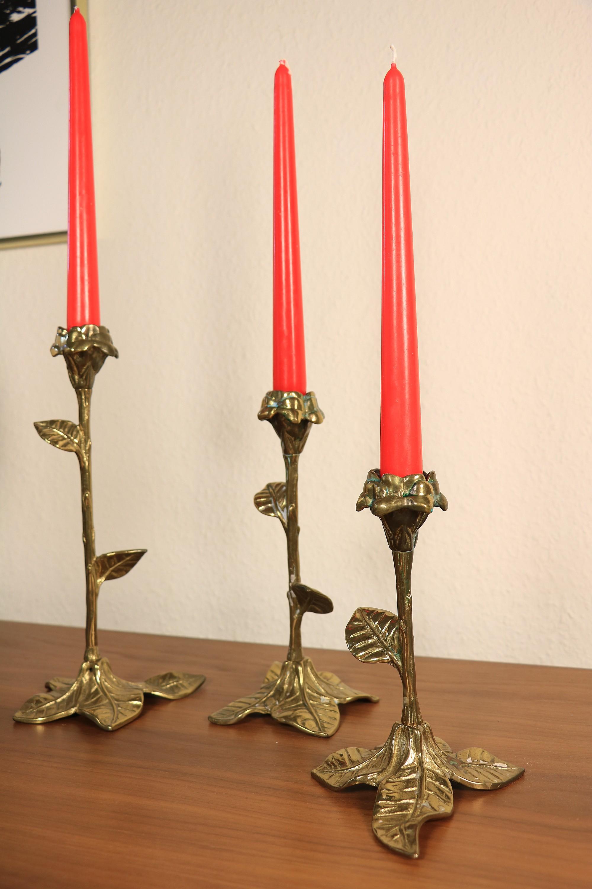 German Set of 3 Floral Candlesticks, Hollywood Regency Style, Brass, 1970s