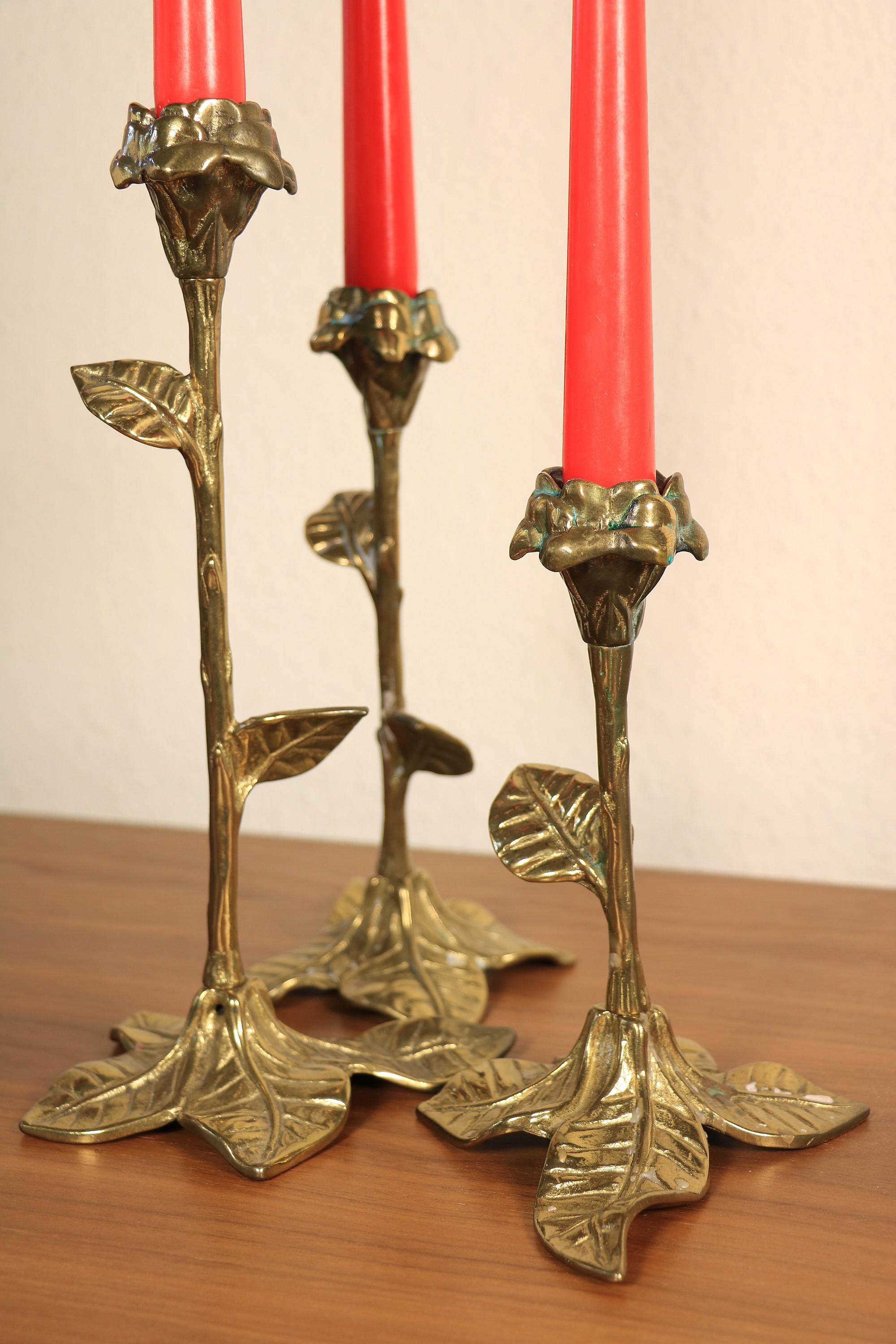 Set of 3 Floral Candlesticks, Hollywood Regency Style, Brass, 1970s In Good Condition For Sale In Berlin, BE