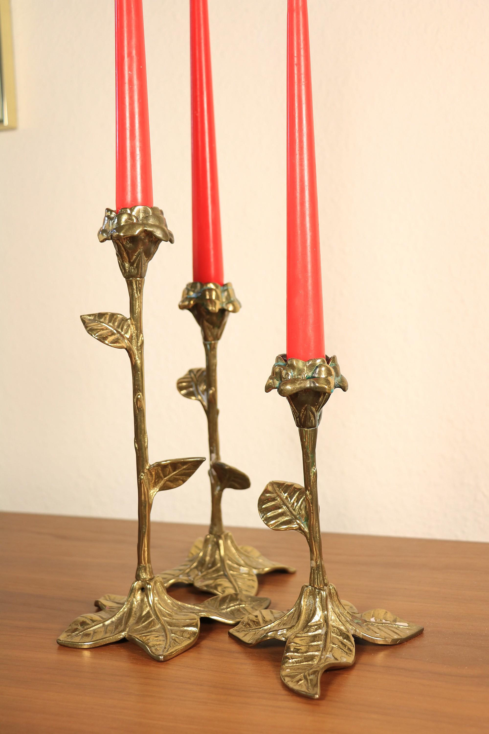 Late 20th Century Set of 3 Floral Candlesticks, Hollywood Regency Style, Brass, 1970s
