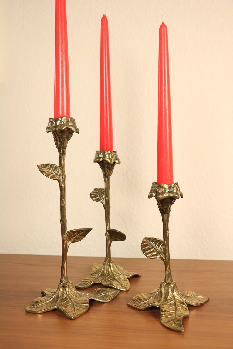 Set of 3 Floral Candlesticks, Hollywood Regency Style, Brass, 1970s For Sale at 1stDibs