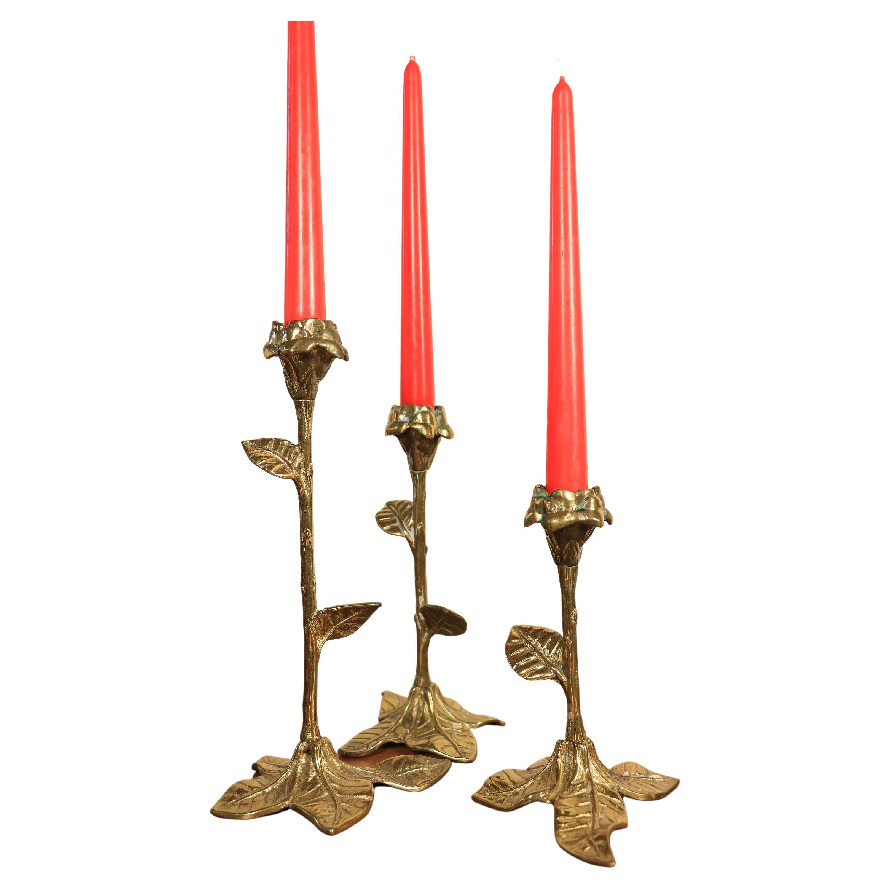 Set of 3 Floral Candlesticks, Hollywood Regency Style, Brass, 1970s For Sale