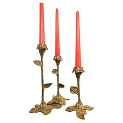 Set of 3 Floral Candlesticks, Hollywood Regency Style, Brass, 1970s