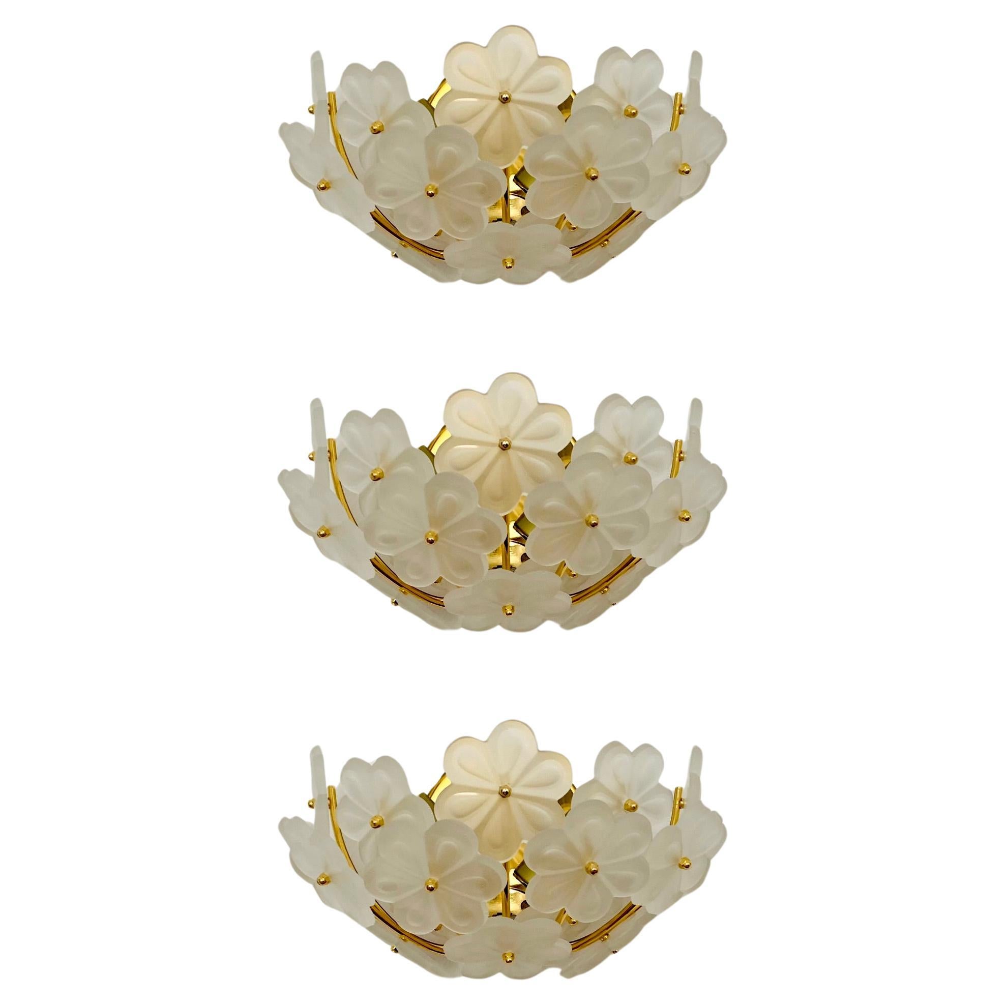 Set of 3 Floral Crystal Glass Wall Lamps by Ernst Palme  For Sale