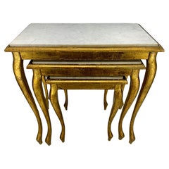 Set of 3 Florentine Giltwood White Marble Top Nesting Tables