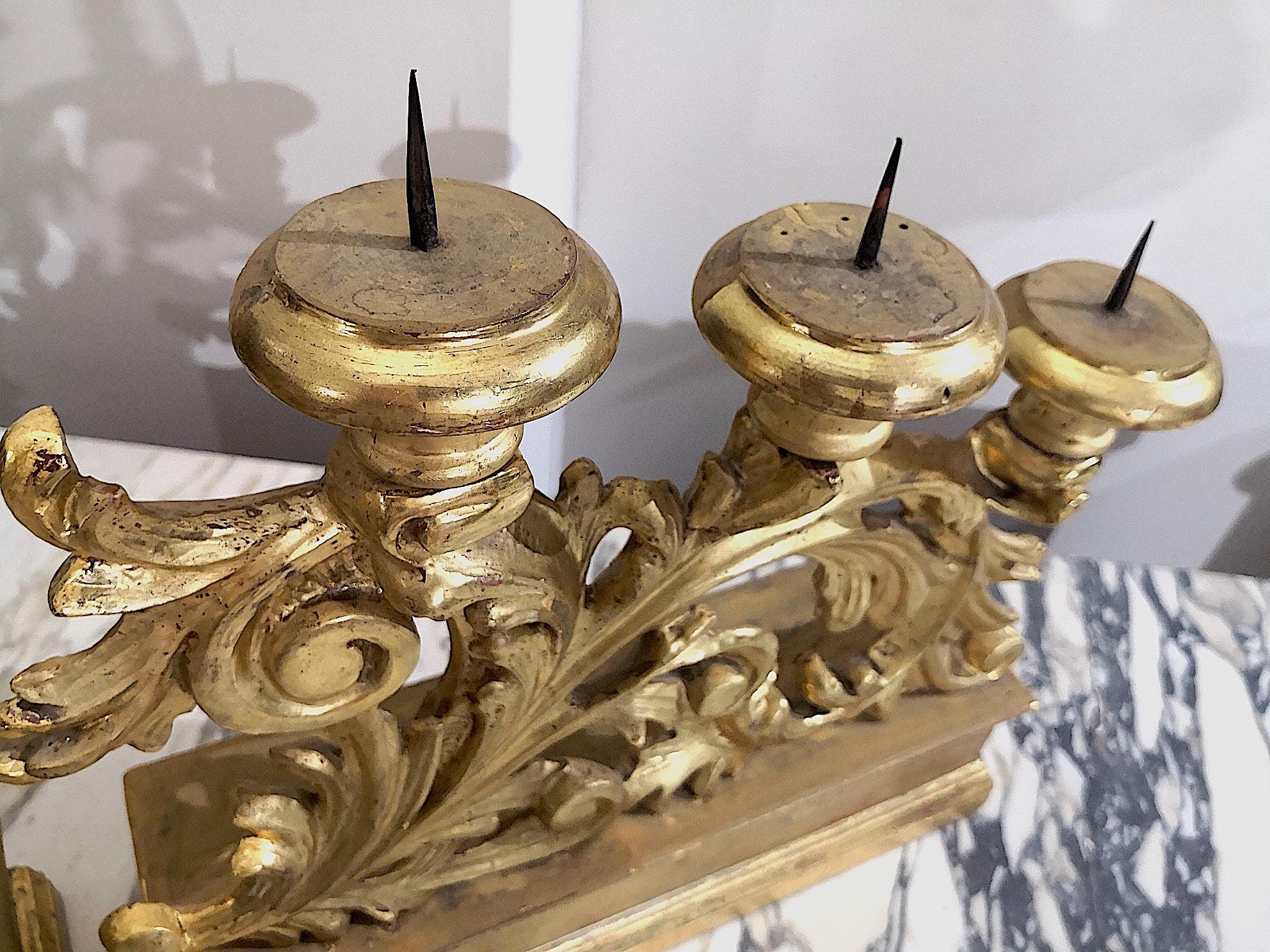 18th Century Set of 3  Florentine Italian Louis XVI Candelabra in Mecca Carved Silver Wood
