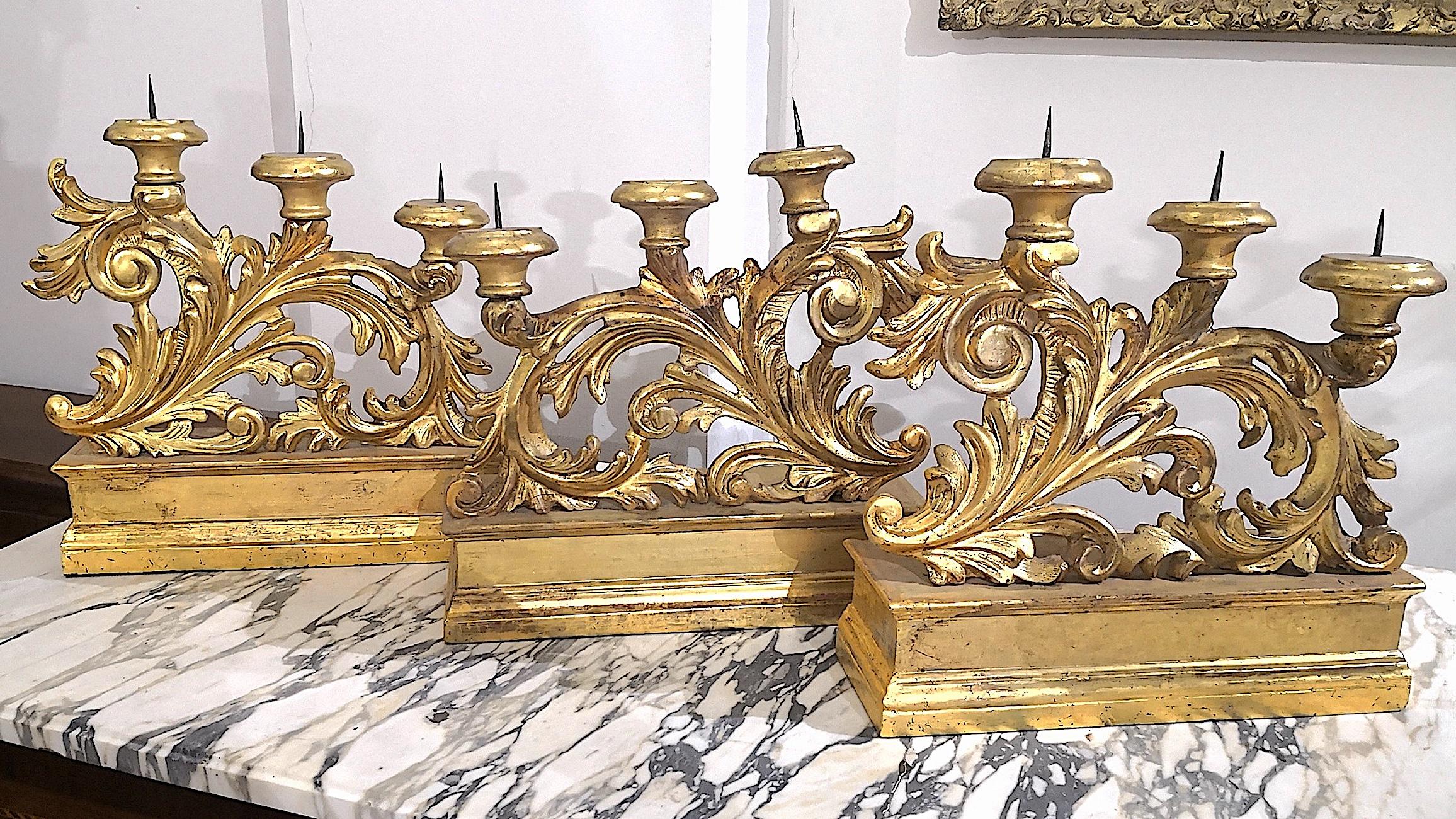 Set of 3  Florentine Italian Louis XVI Candelabra in Mecca Carved Silver Wood 3