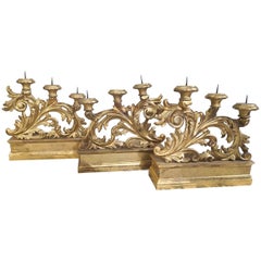 Set of 3  Florentine Italian Louis XVI Candelabra in Mecca Carved Silver Wood