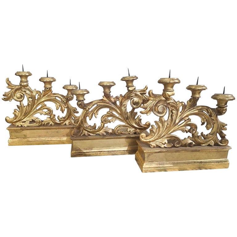 Set of 3  Florentine Italian Louis XVI Candelabra in Mecca Carved Silver Wood For Sale