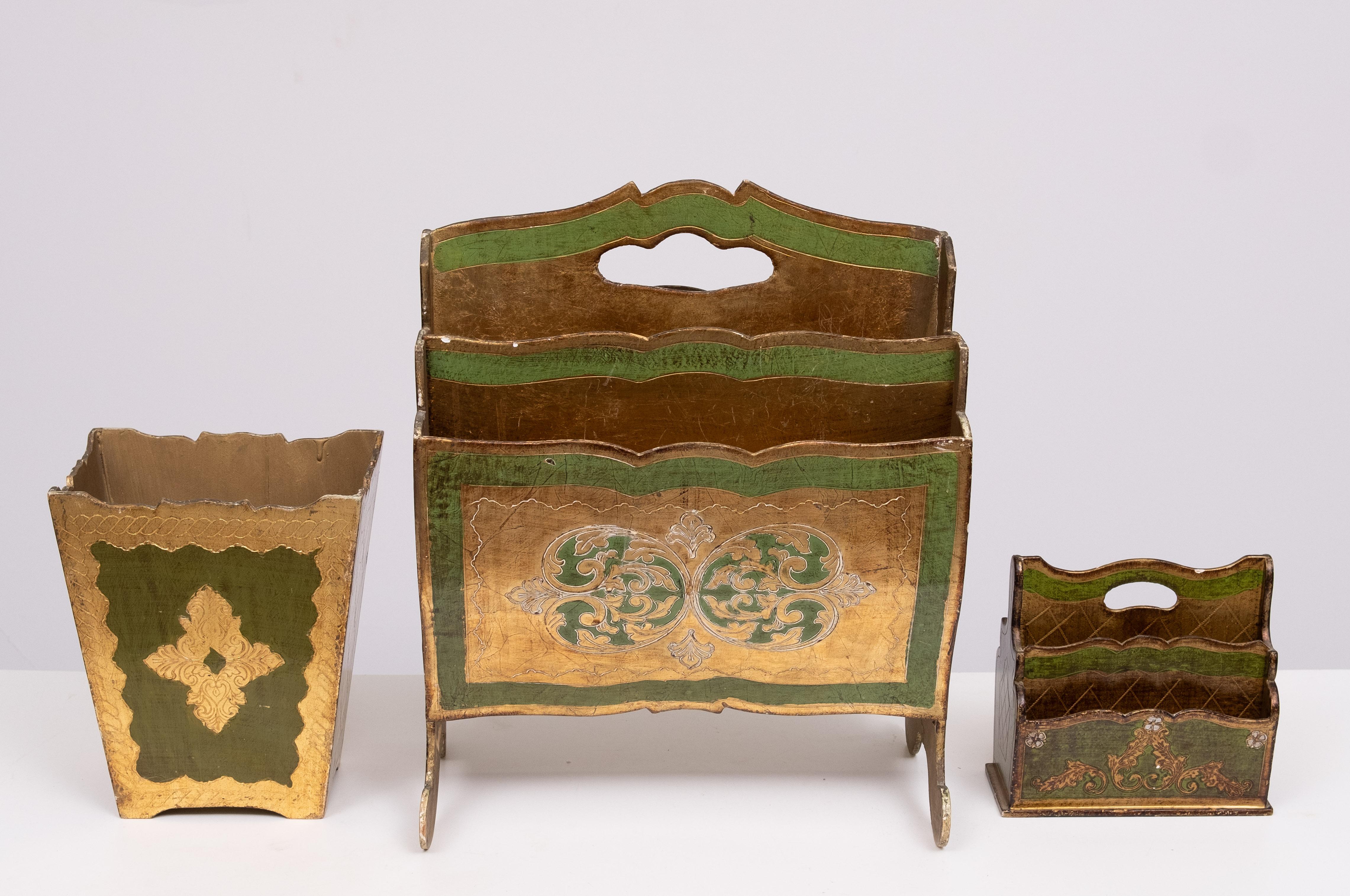 Italian set of 3 Florentine Newspaper rack letter holder Paper basket 1960s Italy For Sale