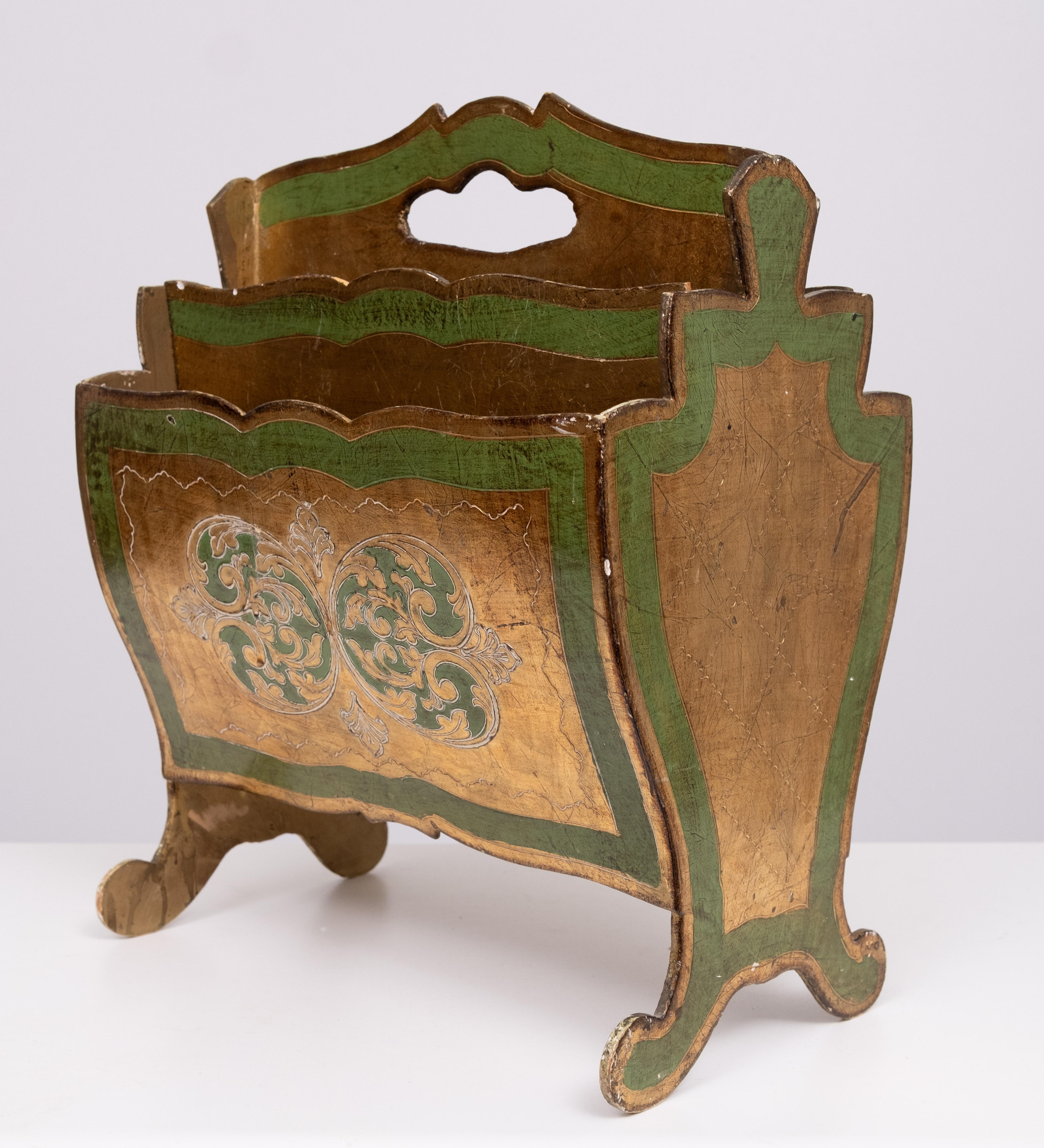 Fruitwood set of 3 Florentine Newspaper rack letter holder Paper basket 1960s Italy For Sale