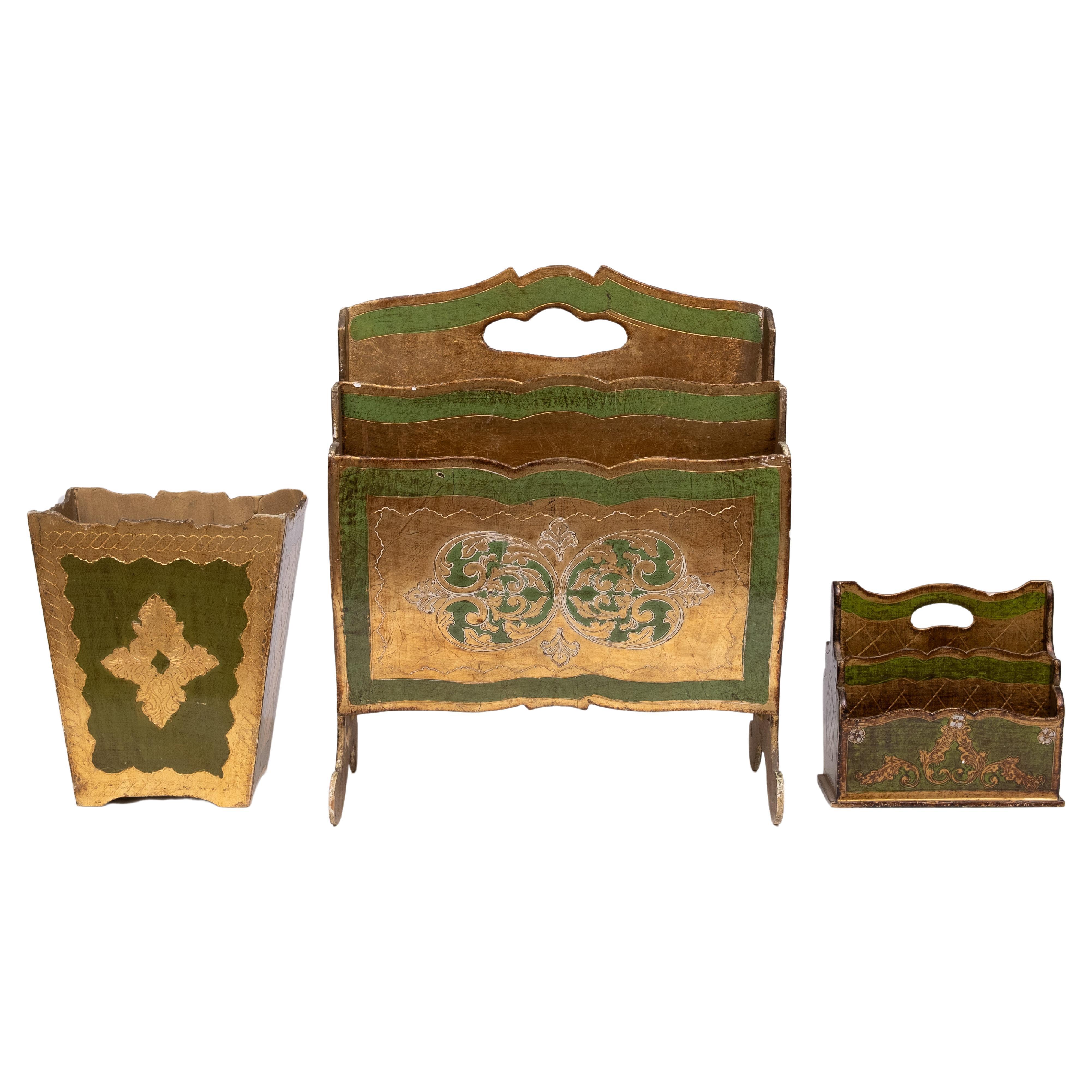set of 3 Florentine Newspaper rack letter holder Paper basket 1960s Italy