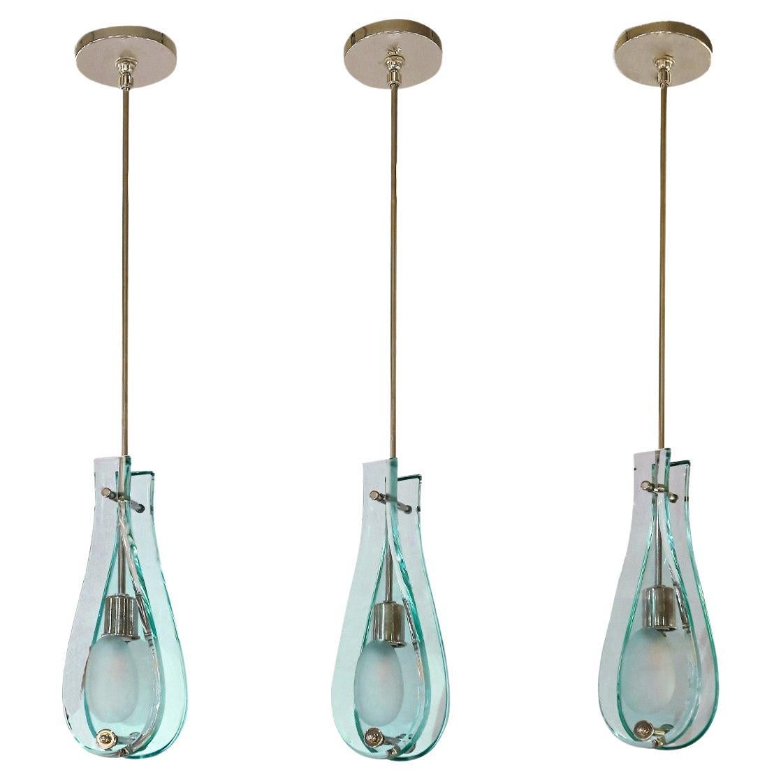 Set of 3 Fontana Arte Style Lights with Hand-Cut Glass Facades, 1950s For Sale