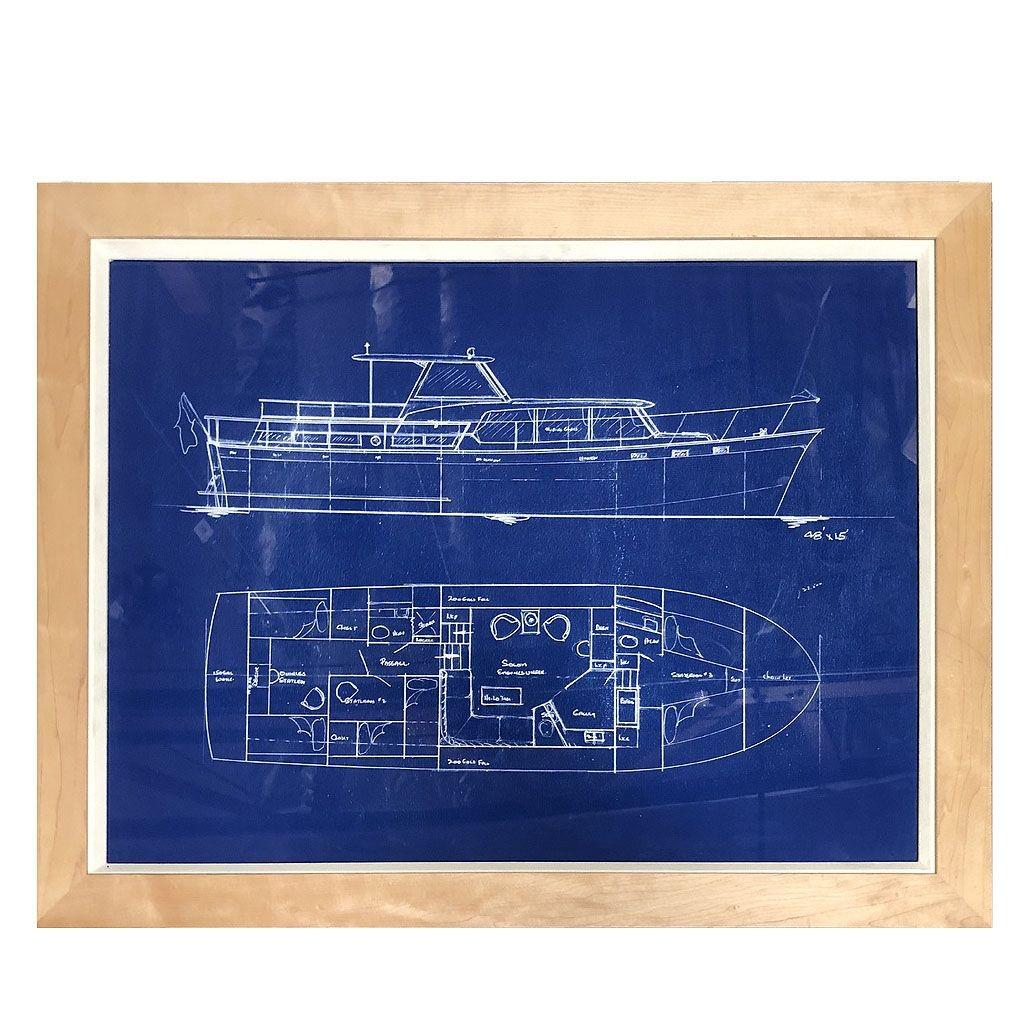 Bois Set of 3 Frame Cruiser Yacht Boat Blueprint Art Prints (Ensemble de 3 tirages d'art de plans de bateaux de croisière) en vente