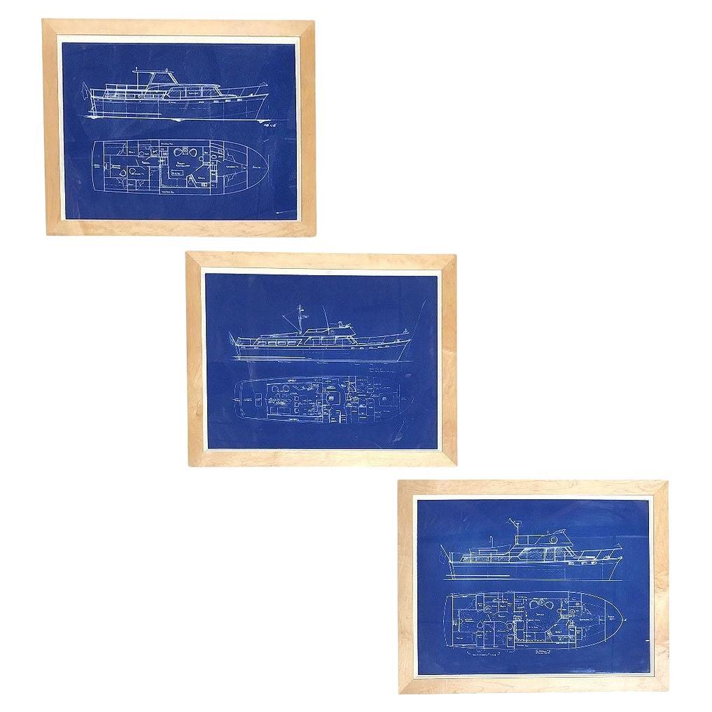 Set of 3 Frame Cruiser Yacht Boat Blueprint Art Prints (Ensemble de 3 tirages d
art de plans de bateaux de croisière) en vente
